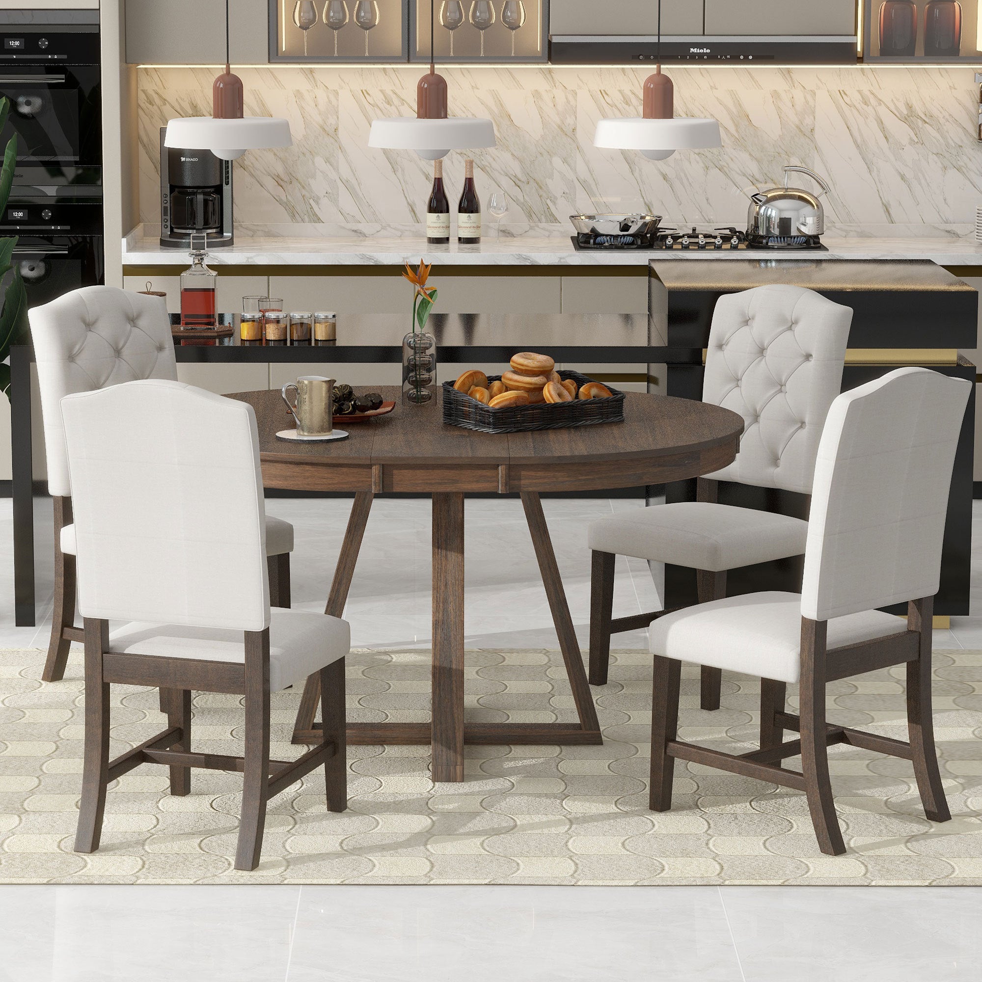 5-Piece Retro Functional Dining Set, Round Table with a 16"W Leaf and 4 Upholstered Chairs - Walnut