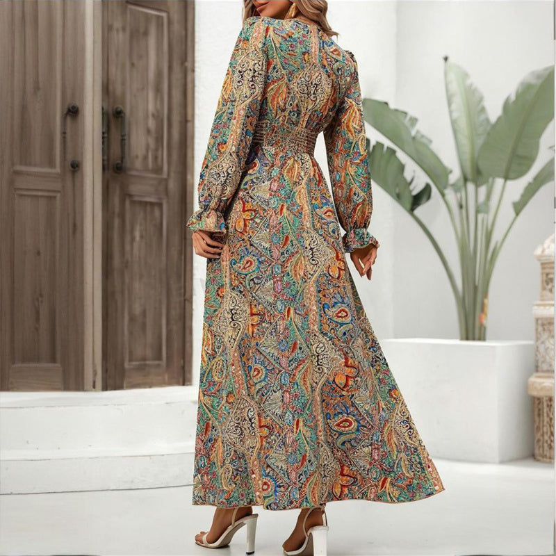 Women's Boho Maxi Dress, V-Neck, Geometric Print, Long Flounce Sleeves, Smocked Waist, A-Line
