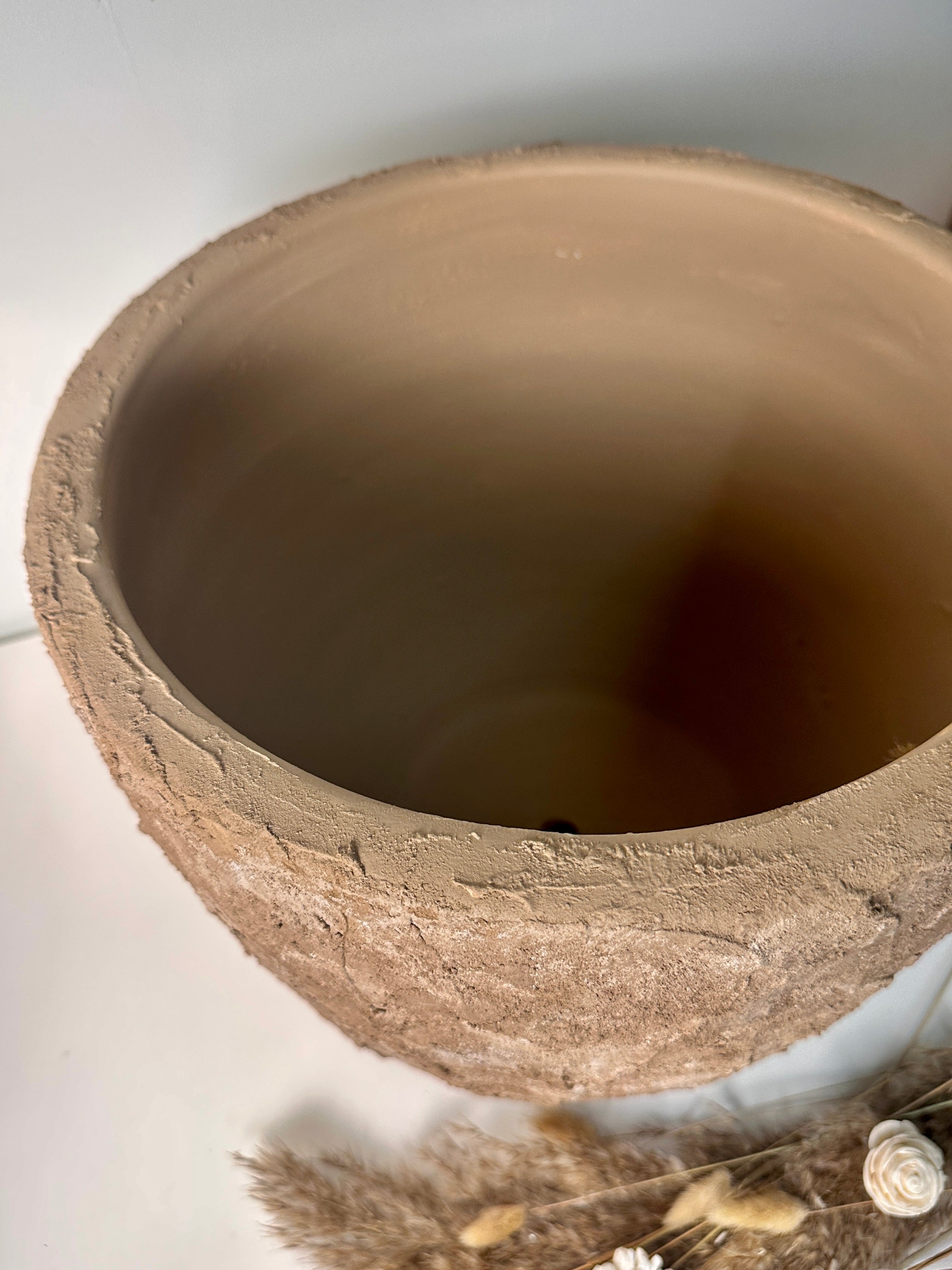 Rustic Hand-Painted & Textured Planter Pot 13" tall with drainage hole one time creation - Earth Brown on Brown