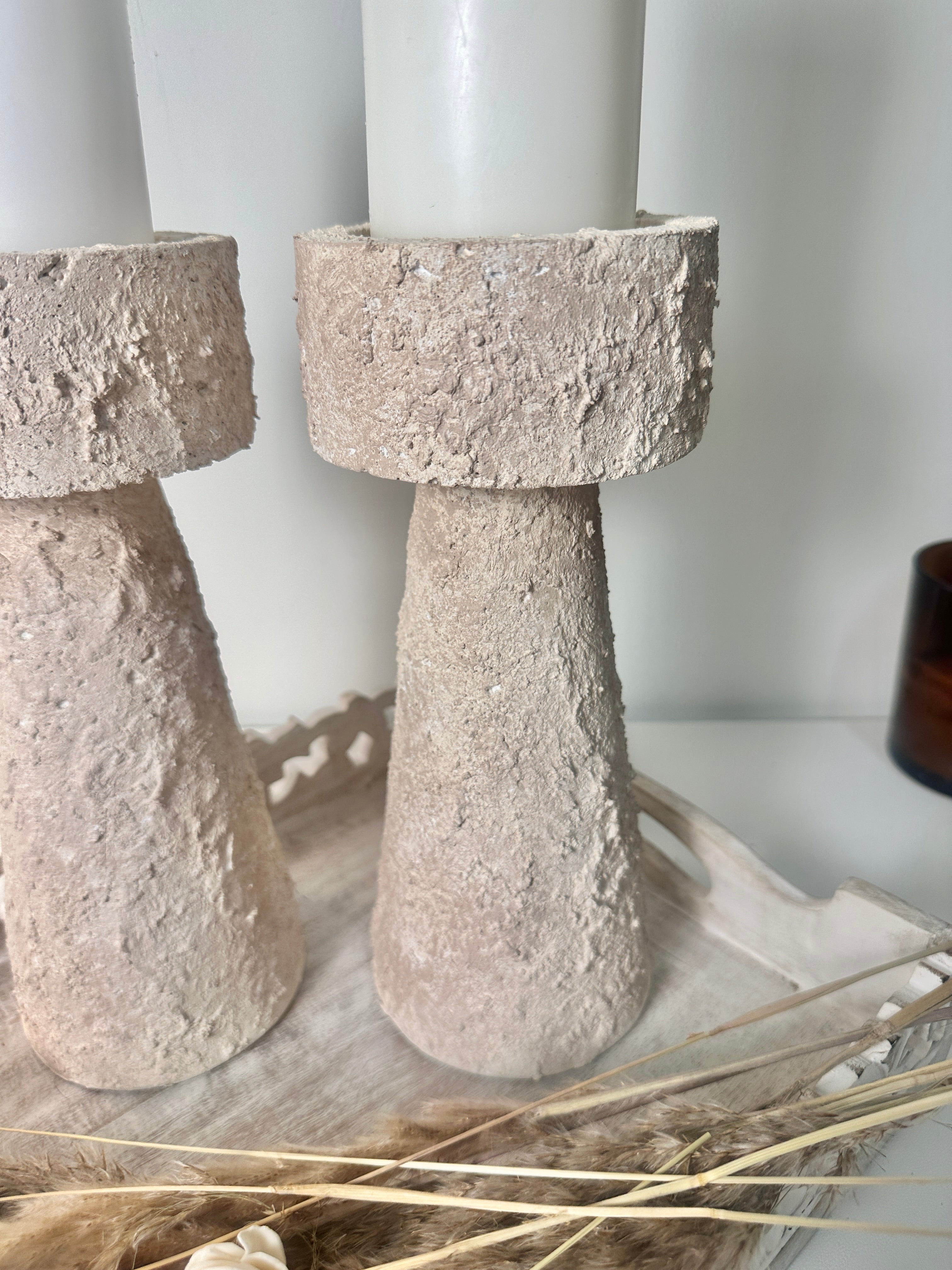 Set of 2 candle holder tray and stick minimalist style 11" tall - Cream wash