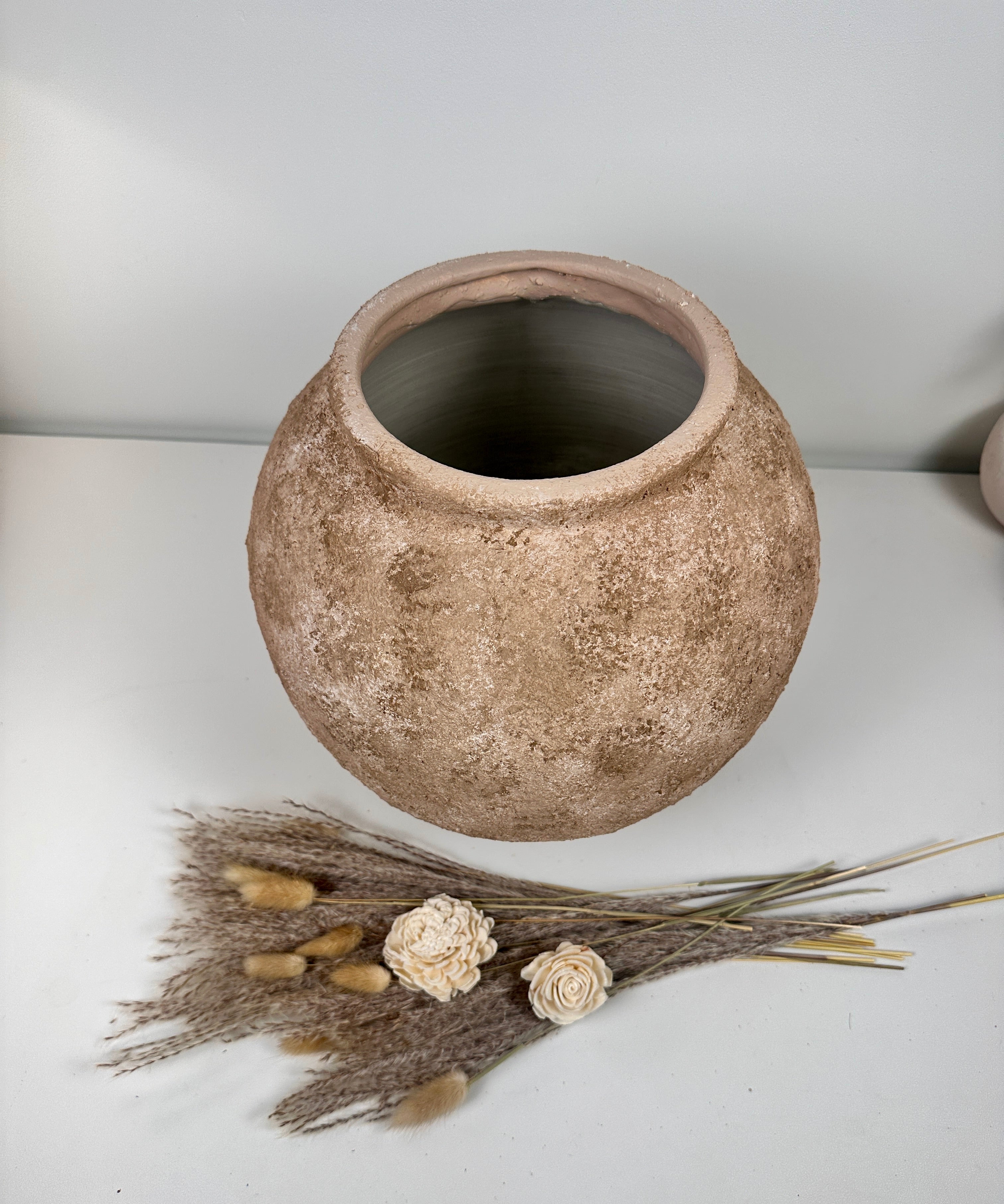 Rustic Textured Hand-Painted Ceramic Round Vase 14.5" - Earth Brown