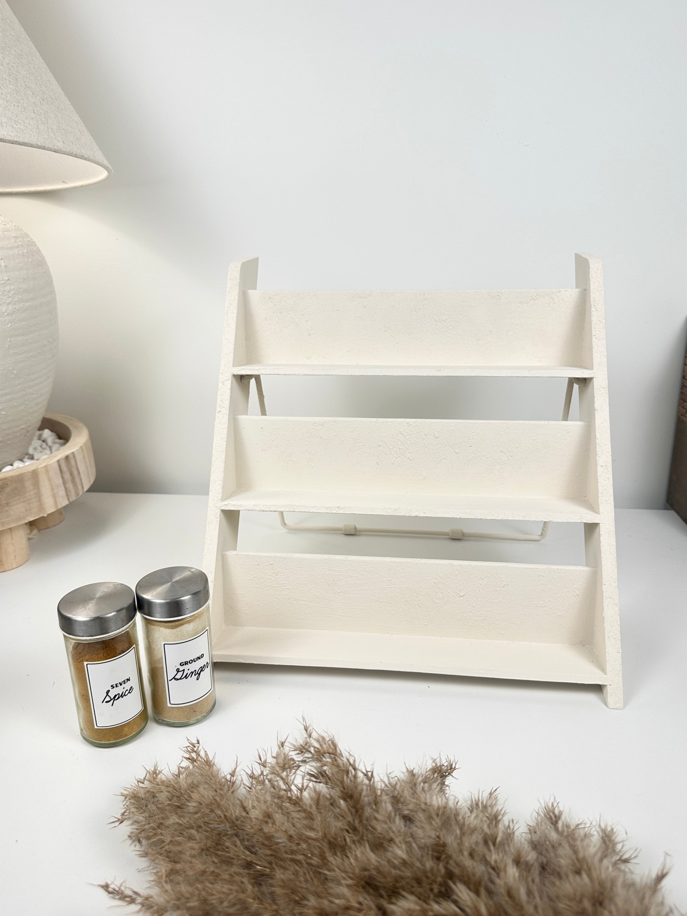 Minimalist Textured Kitchen Spice Wood Stand Rack (can fit 18 spice jars) - Cream
