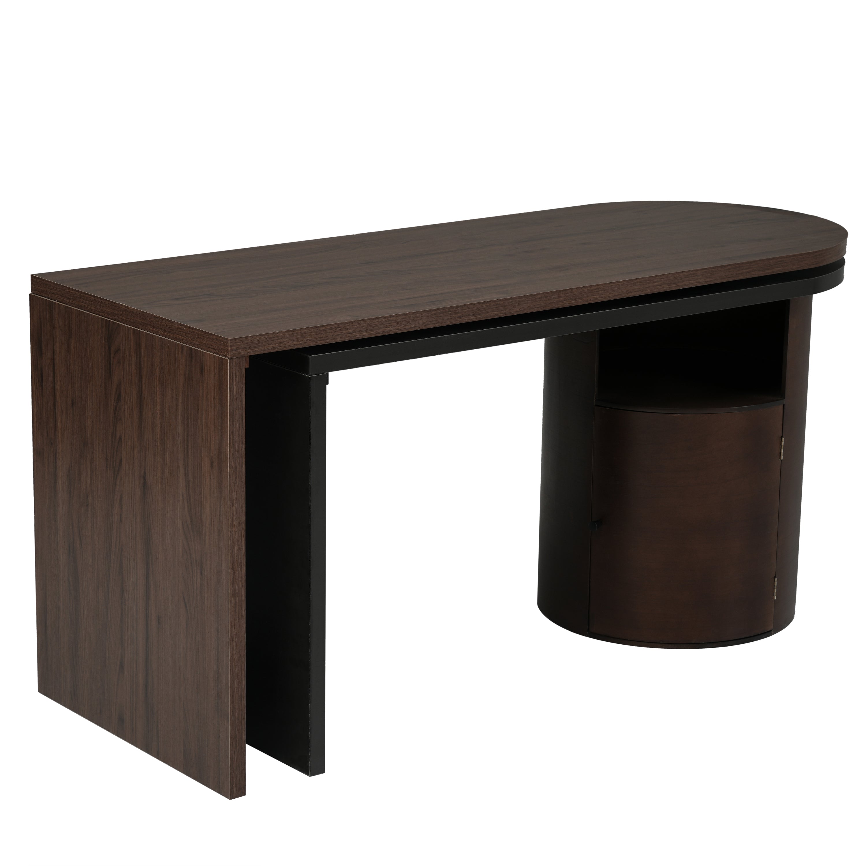 Modern L Shaped Desk in Walnut with 1 Cabinet and Open storage, 360° Wood Rotating Desk 56.92"  - Walnut