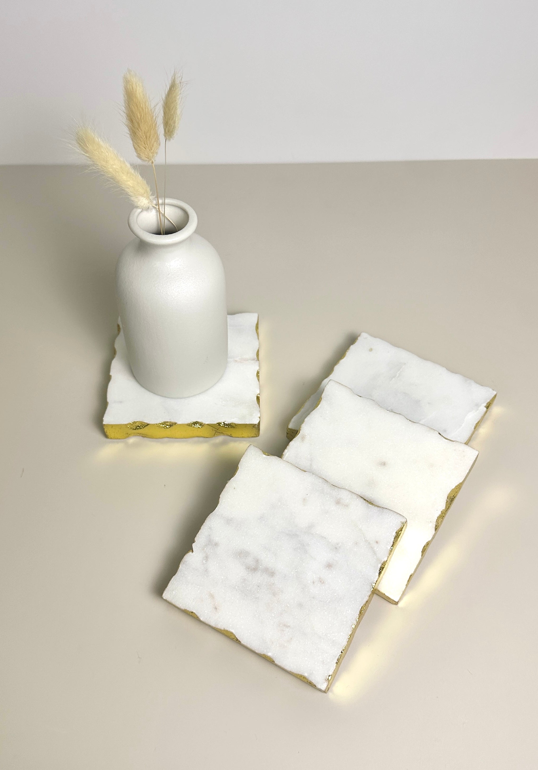 Elegant White Marble and Gold Coasters - Set of 4