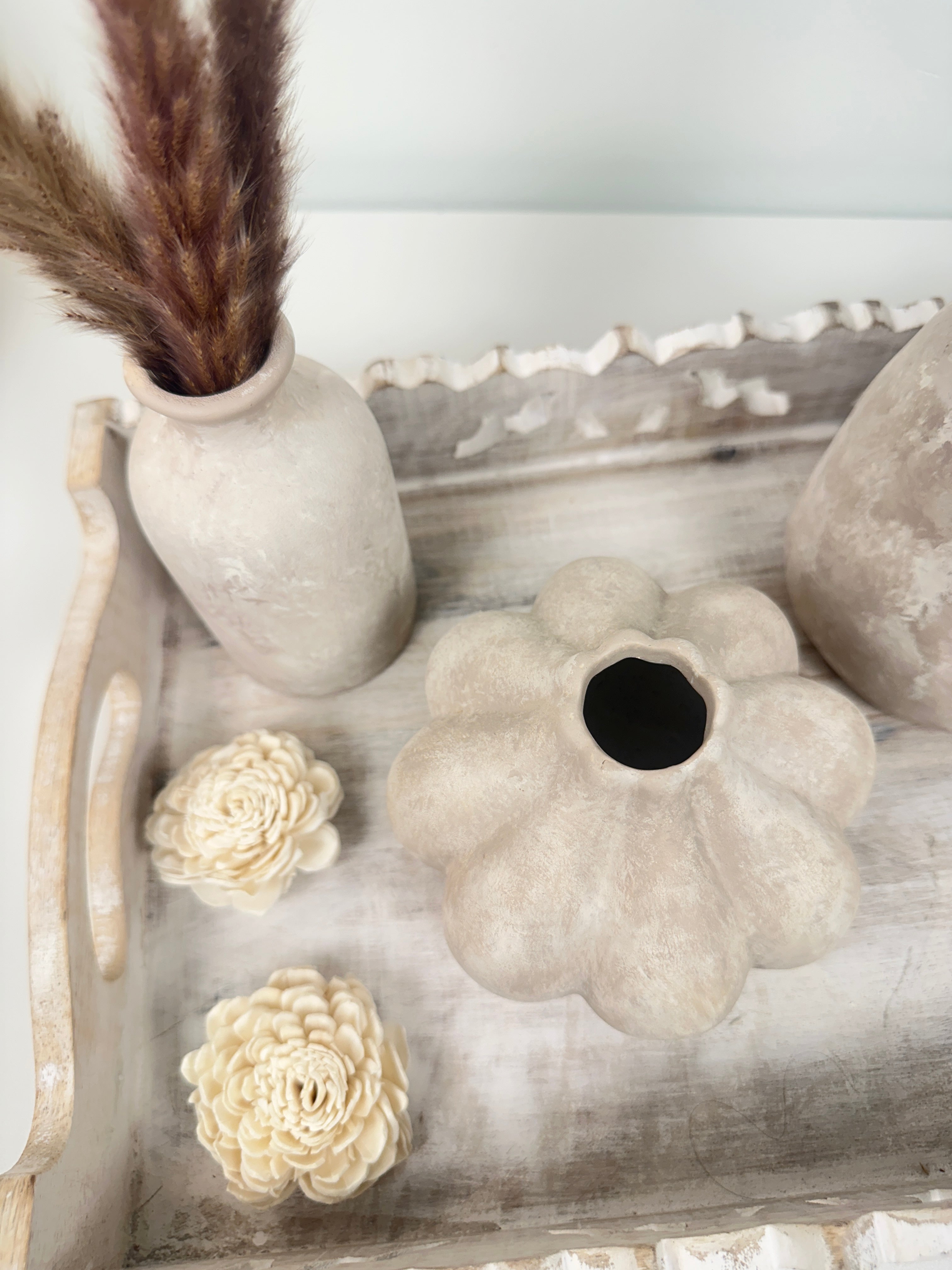 Set of 4 (3 small vases + 1 tray) - Beige and whitewashed