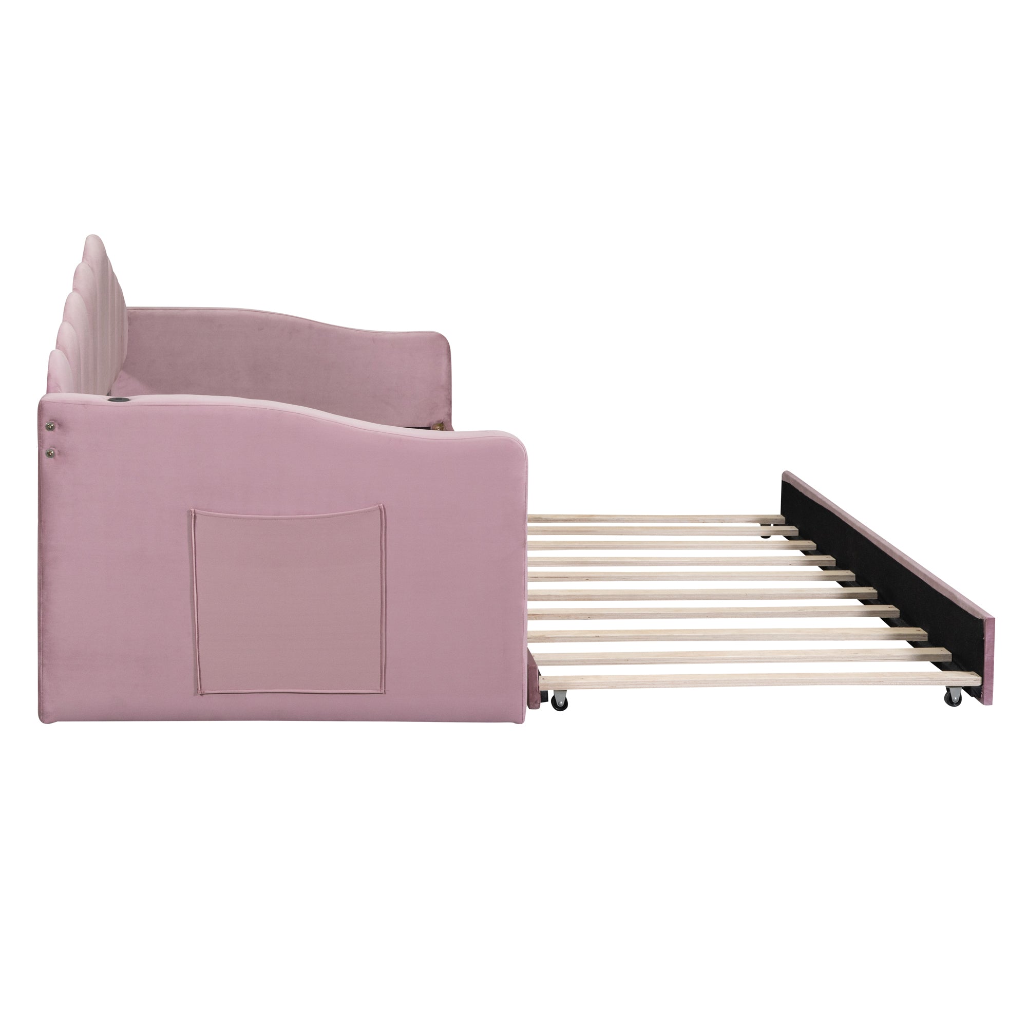 Twin size Upholstered Daybed with Trundle ,Velvet Sofabed with USB Charging Ports, No Box-spring Needed - Pink