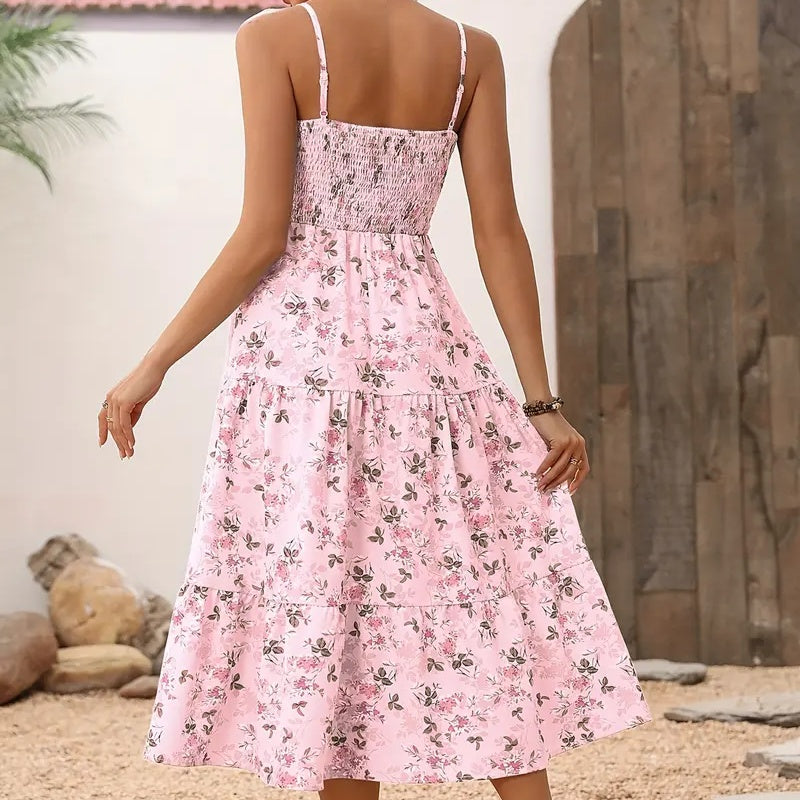 Women's Floral Midi Dress, Smocked Bodice, Spaghetti Strap, Tiered Summer Dress