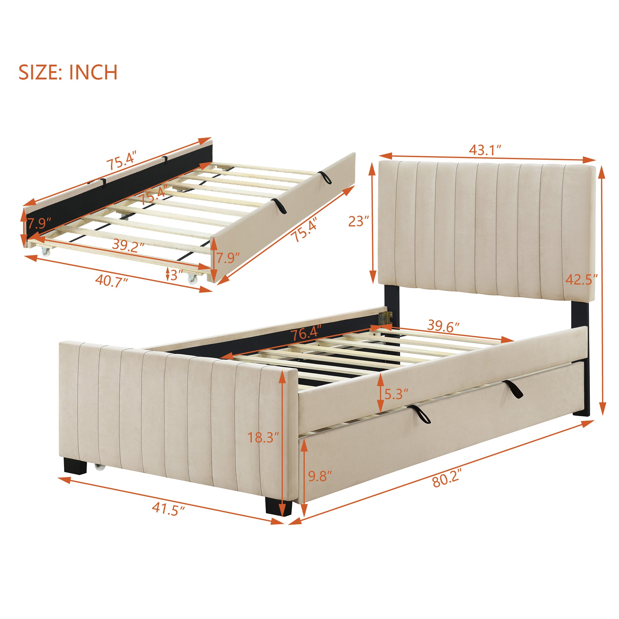 Twin Size Velvet Upholstered Platform Bed with Twin Size Trundle - Beige