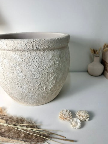 Minimalist Hand-Painted & Textured Planter Pot 12" tall with drainage hole one time creation - Cream wash