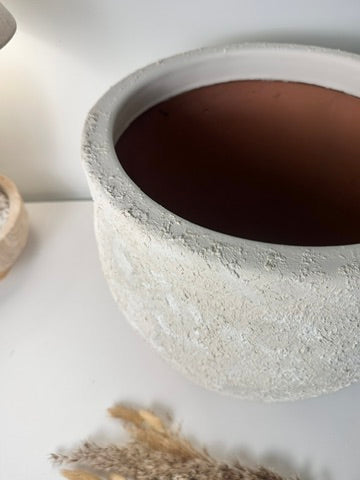 Minimalist Hand-Painted & Textured Planter Pot 12" tall with drainage hole one time creation - Cream wash