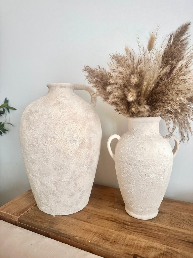 Amphora-inspired Shape Vase With One Handle, Painted And Textured By Hand, Off White/ Cream