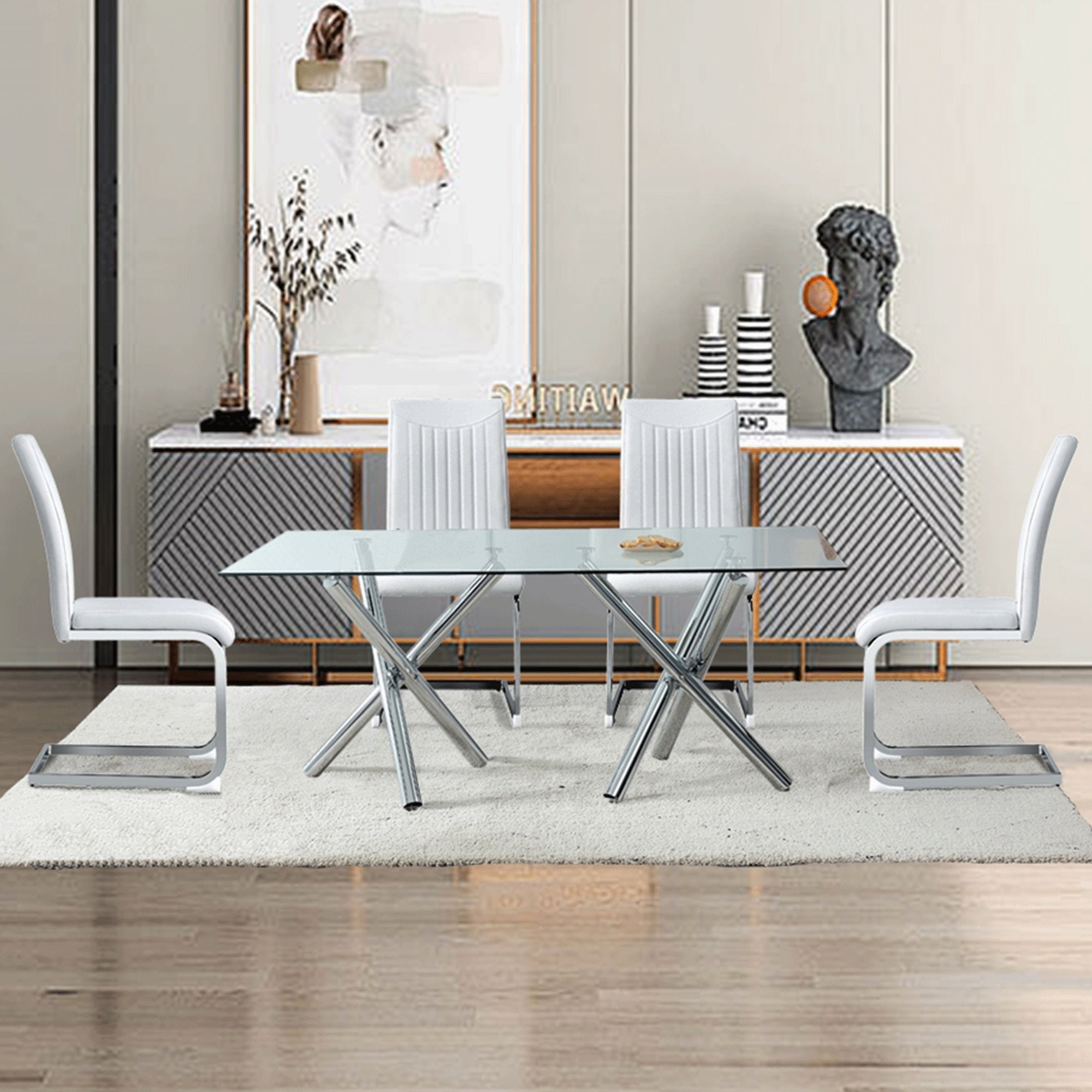 Modern Minimalist Rectangular Glass Dining Table for 6-8 with 0.39" Tempered Glass Tabletop and Silver Chrome Metal Legs
