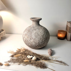 Rustic Hand-Painted Ceramic Round Bottle Vase 11" tall - Beige Wash