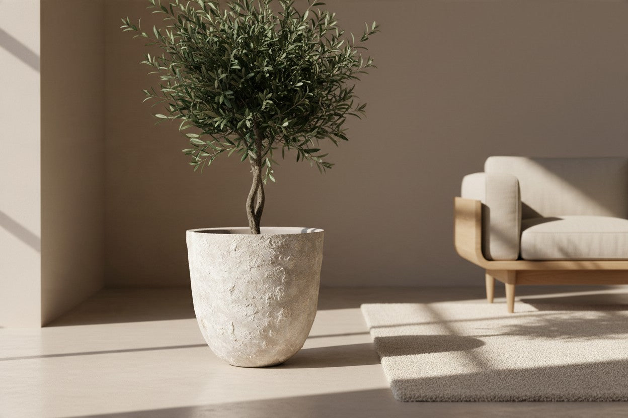 13.5" tall Minimalist Hand-Painted & Textured Planter Pot with Drainage Hole - Soji Beige Wash