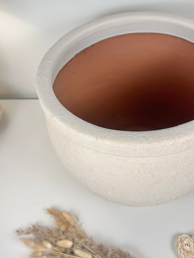 Minimalist Hand-Painted & Textured Planter Pot 12" tall with drainage hole one time creation - Cream