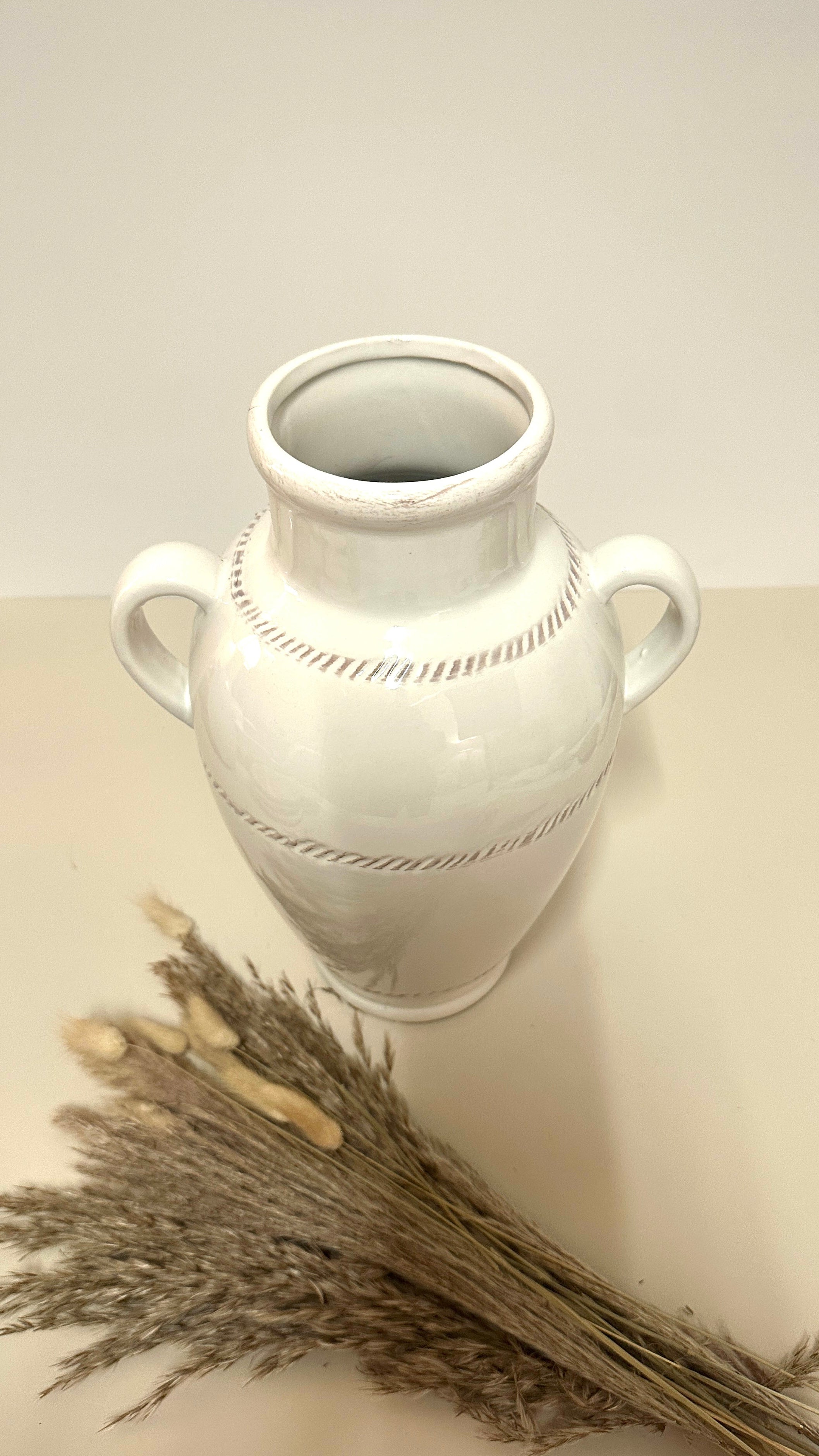 Modern Ceramic White Vase with 2 handles 12"