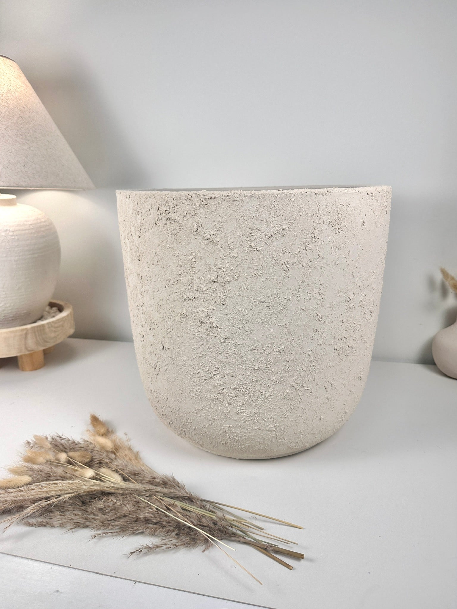 Minimalist Hand-Painted & Textured Planter Pot 14" tall with drainage hole one time creation - Cream