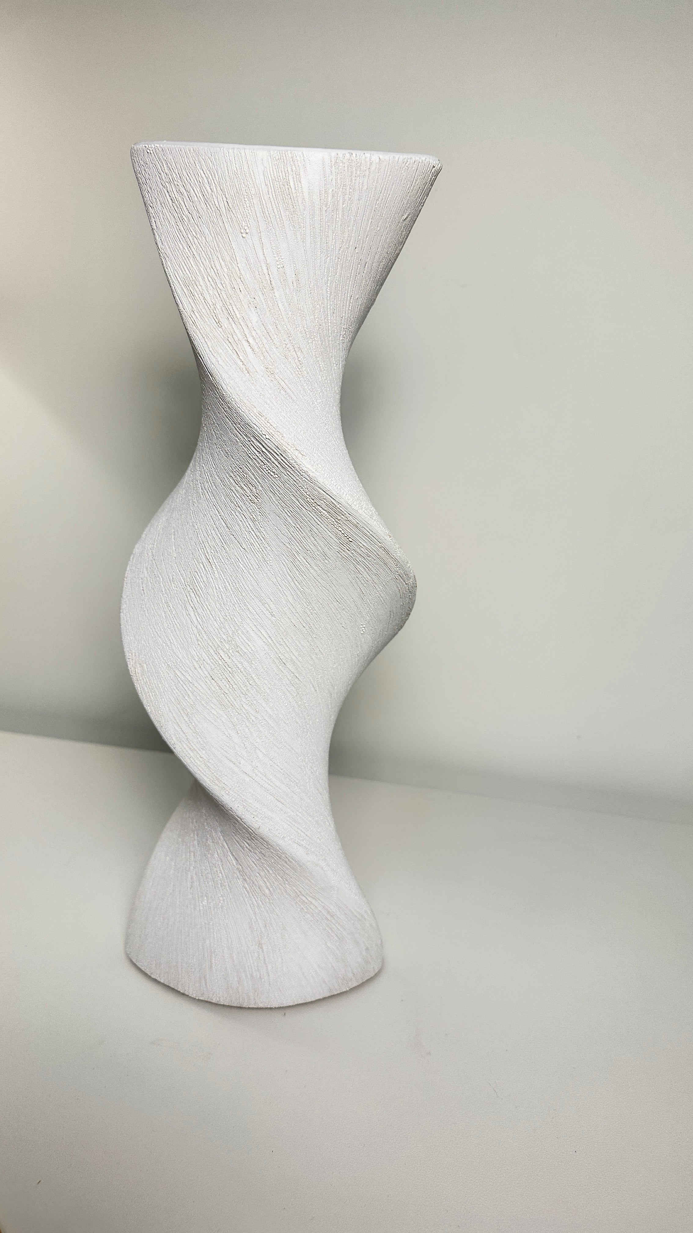 White Minimalist Twisted Vase, 16 Inch Tall, Modern Decorative Flower Vase