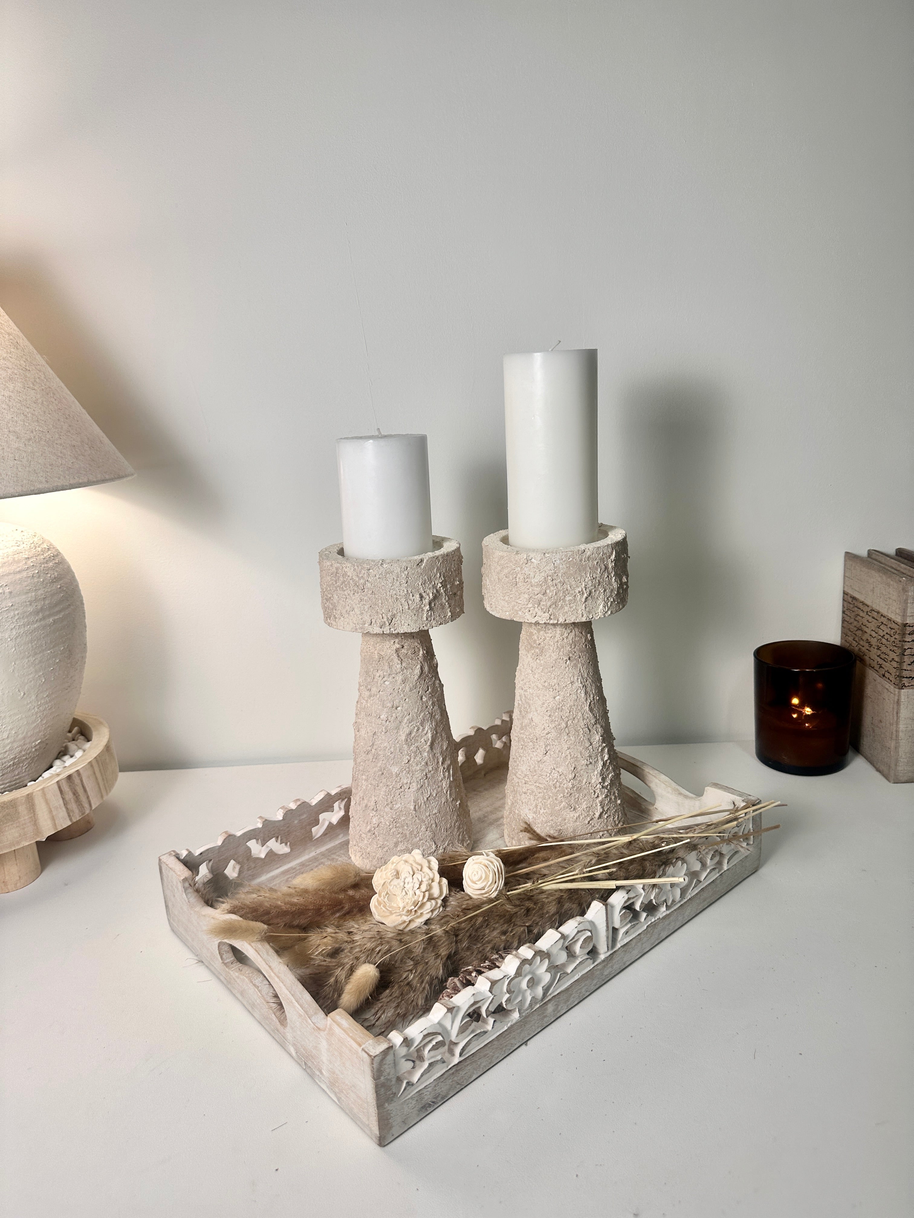 Set of 2 candle holder tray and stick minimalist style 11" tall - Cream wash