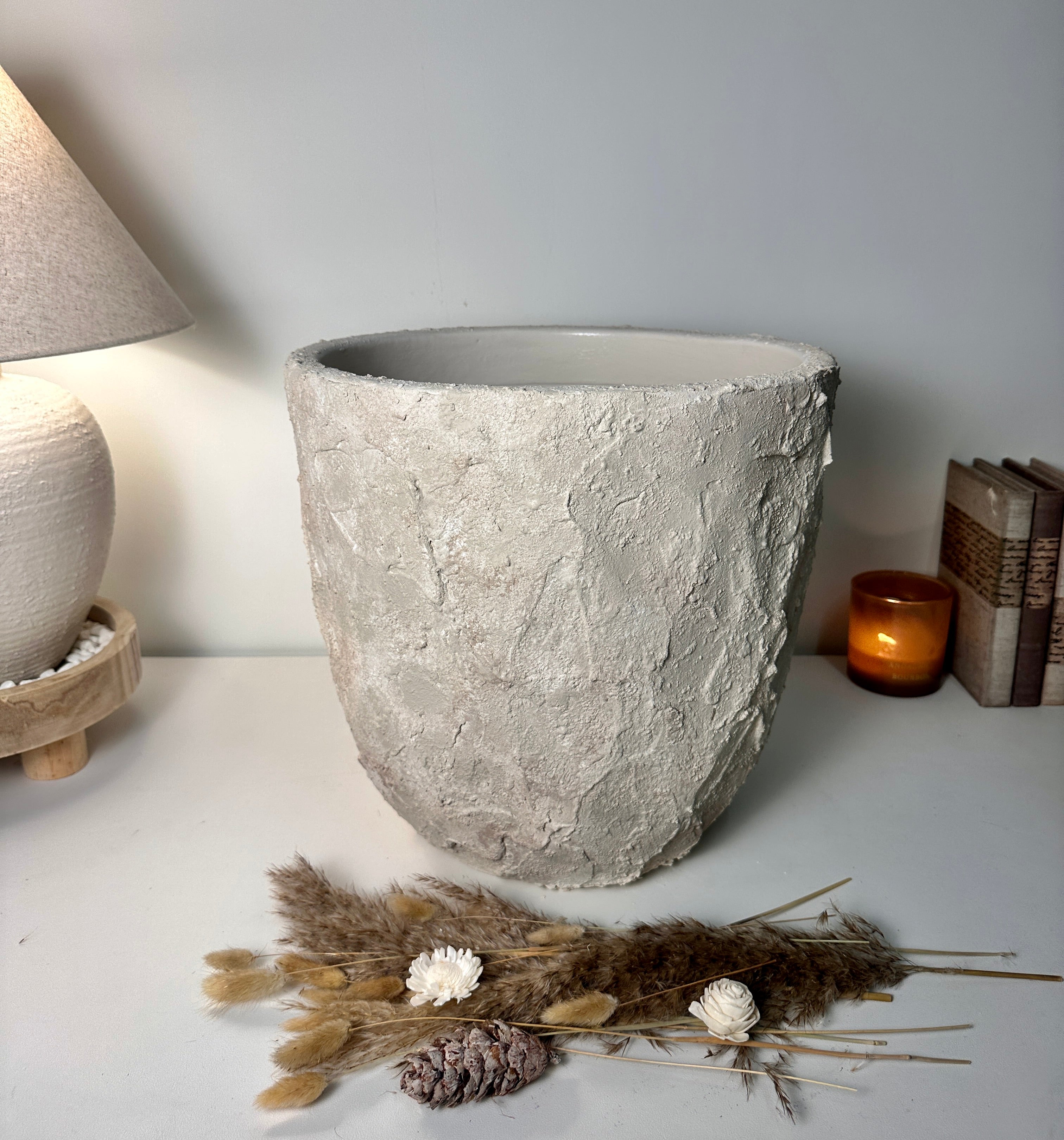 Minimalist Hand-Painted & Textured Planter Pot 14" tall with drainage hole one time creation - Cream