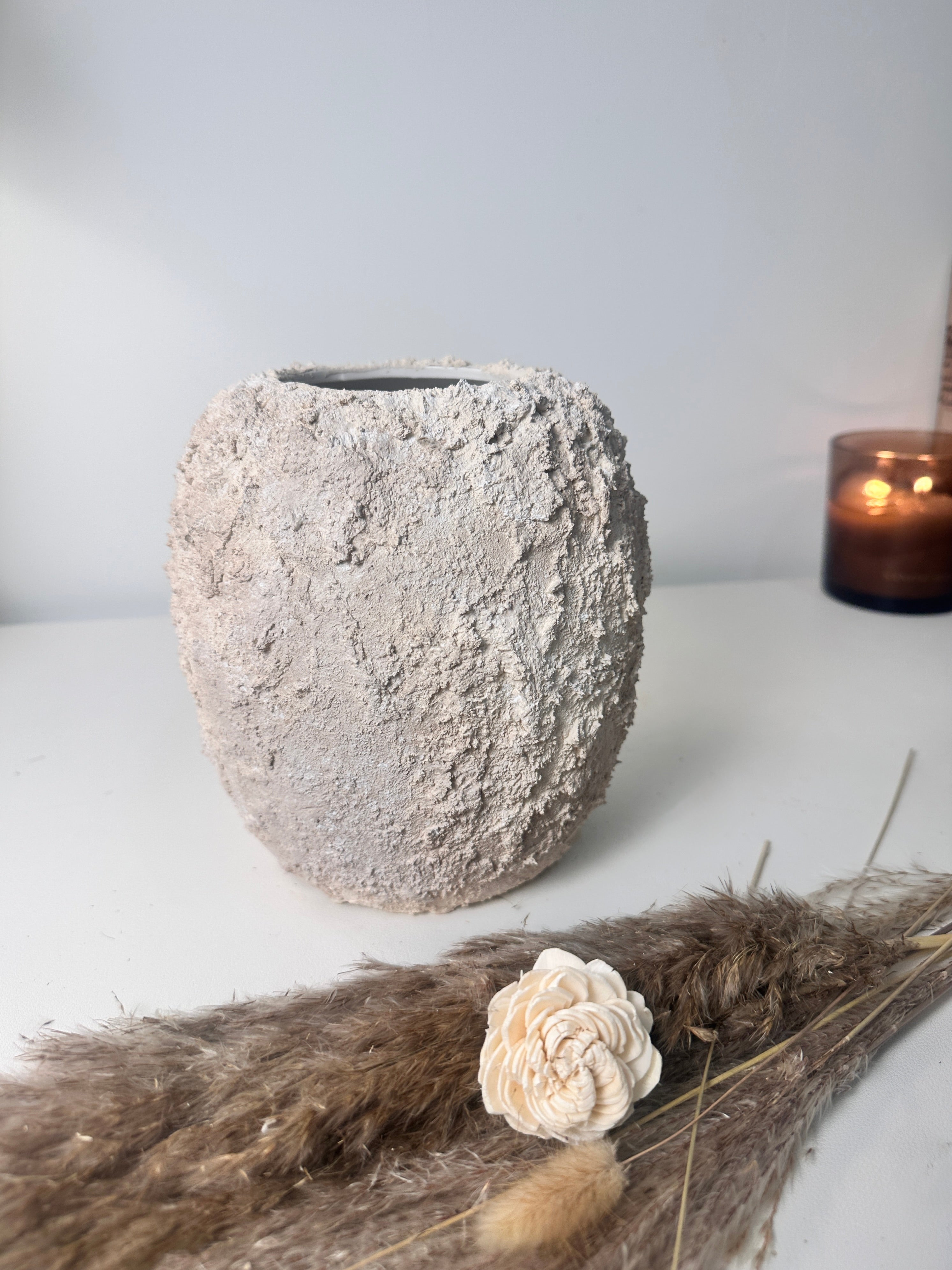 Minimalist Hand-Painted Textured Ceramic Round Vase 7" tall - cream sand wash