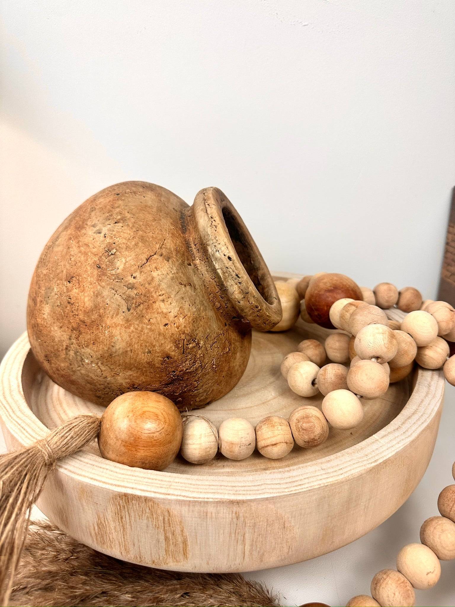 Set of 3 Decorative Accent Boho Mediterranean Style, Organic and Rustic Centerpiece Setting (Vase, Paulownia Tray and Natural Wood Bead Garland)