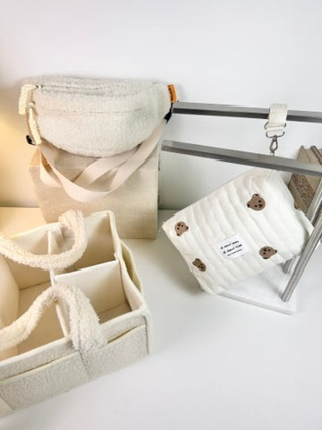 Set of 3 Crossbody Bag, Pouch Full Bears and Caddy Diaper Bag for Baby Essentials - Cream