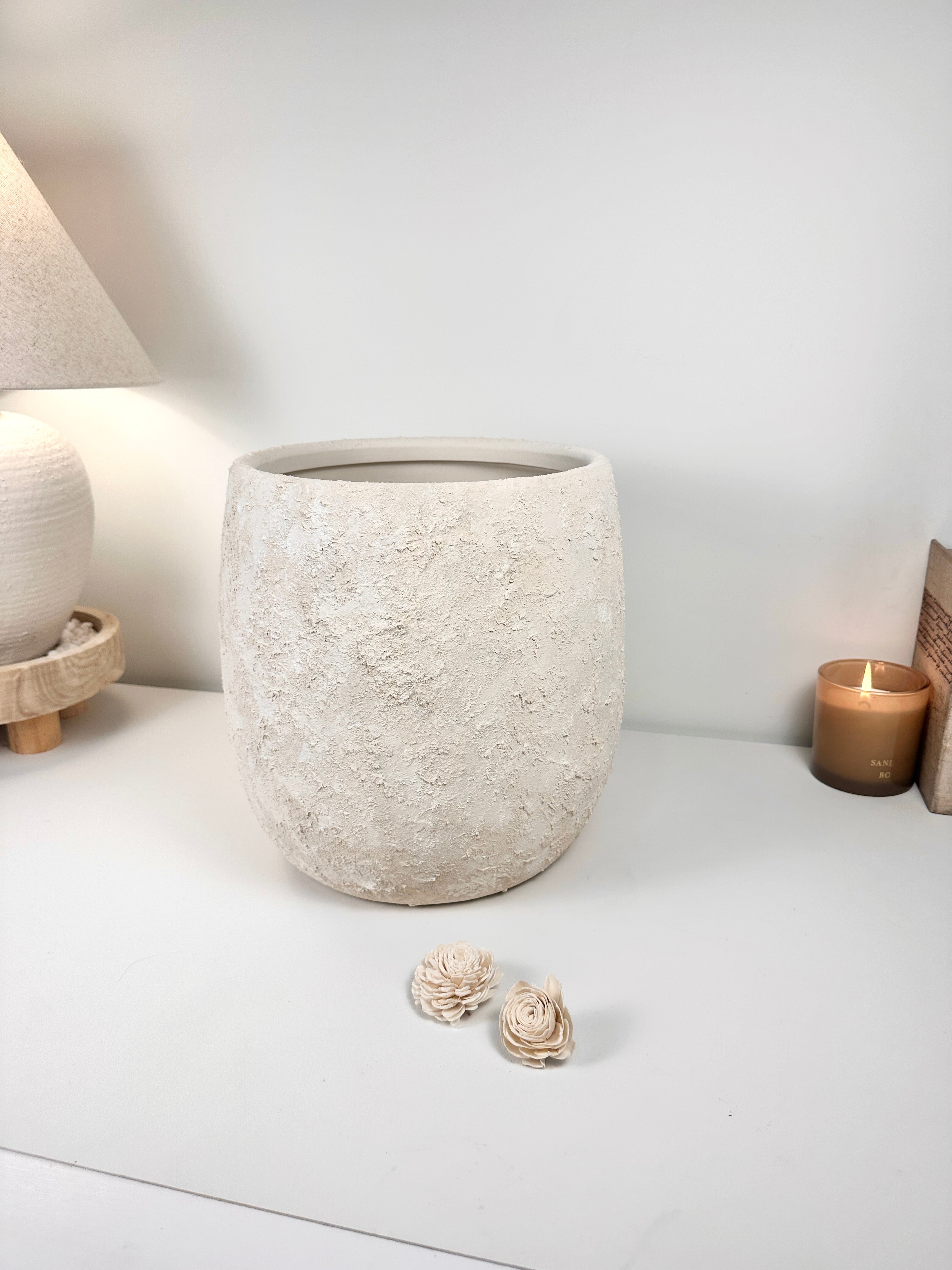 Minimalist Textured Hand-painted Ceramic Planter 12.5"" tall - off white washed
