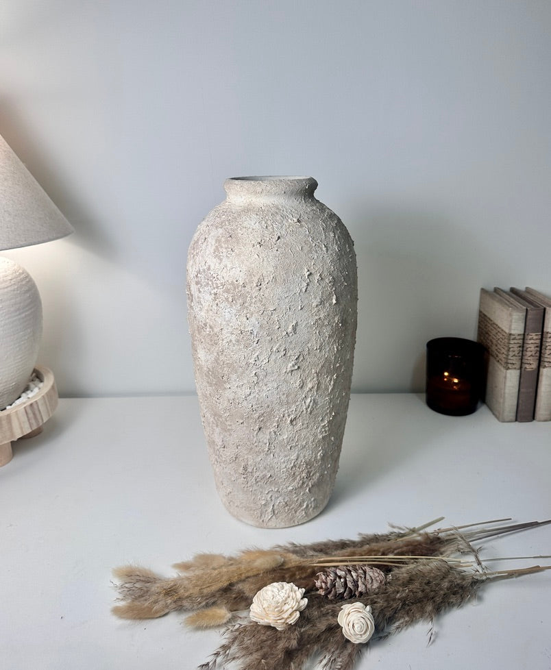 Minimalist Textured Hand-painted Ceramic Vase 18" tall - Cream Sand wash