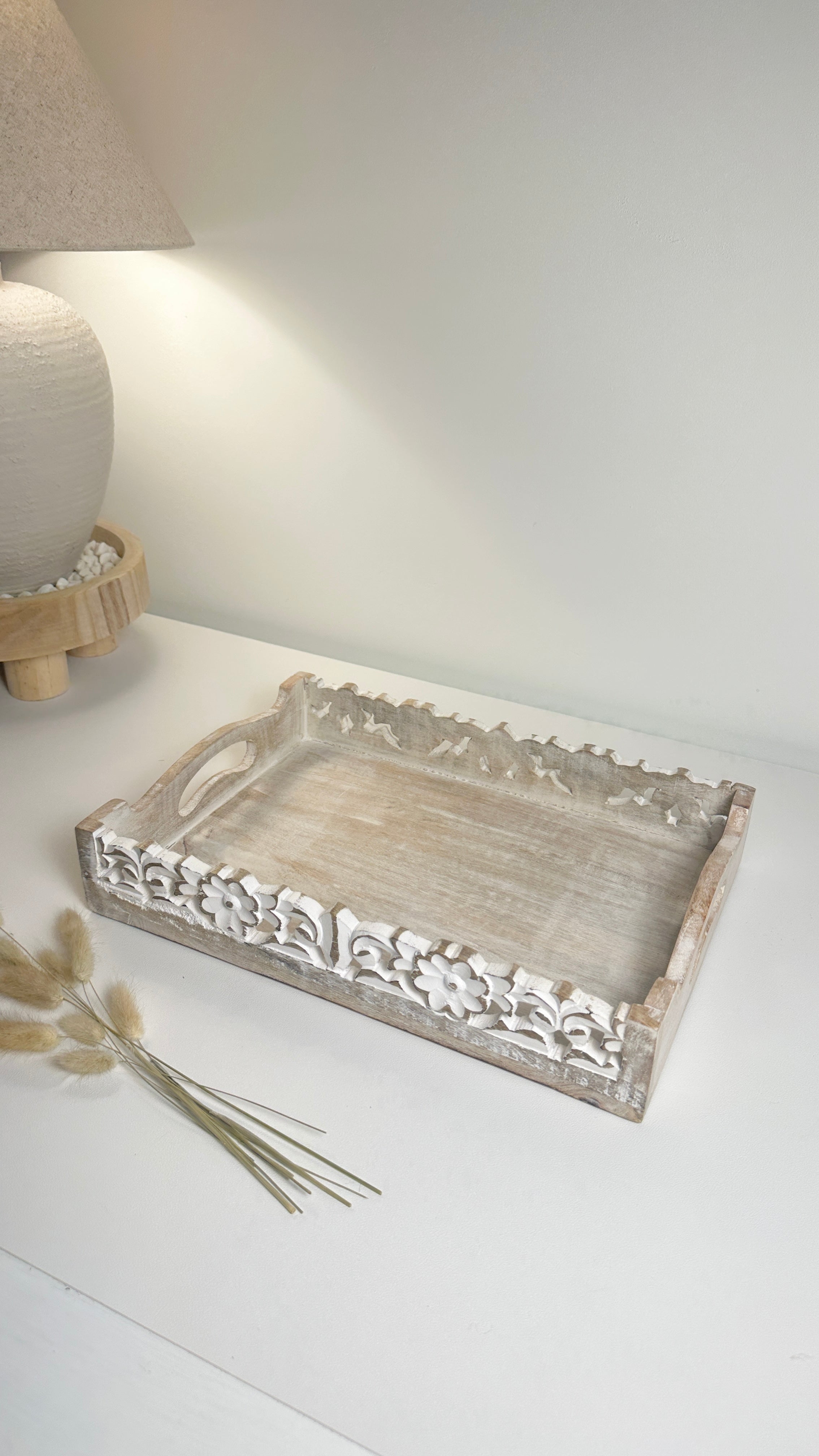 Boho Handmade Decorative Serving Wooden Tray Whitewashed