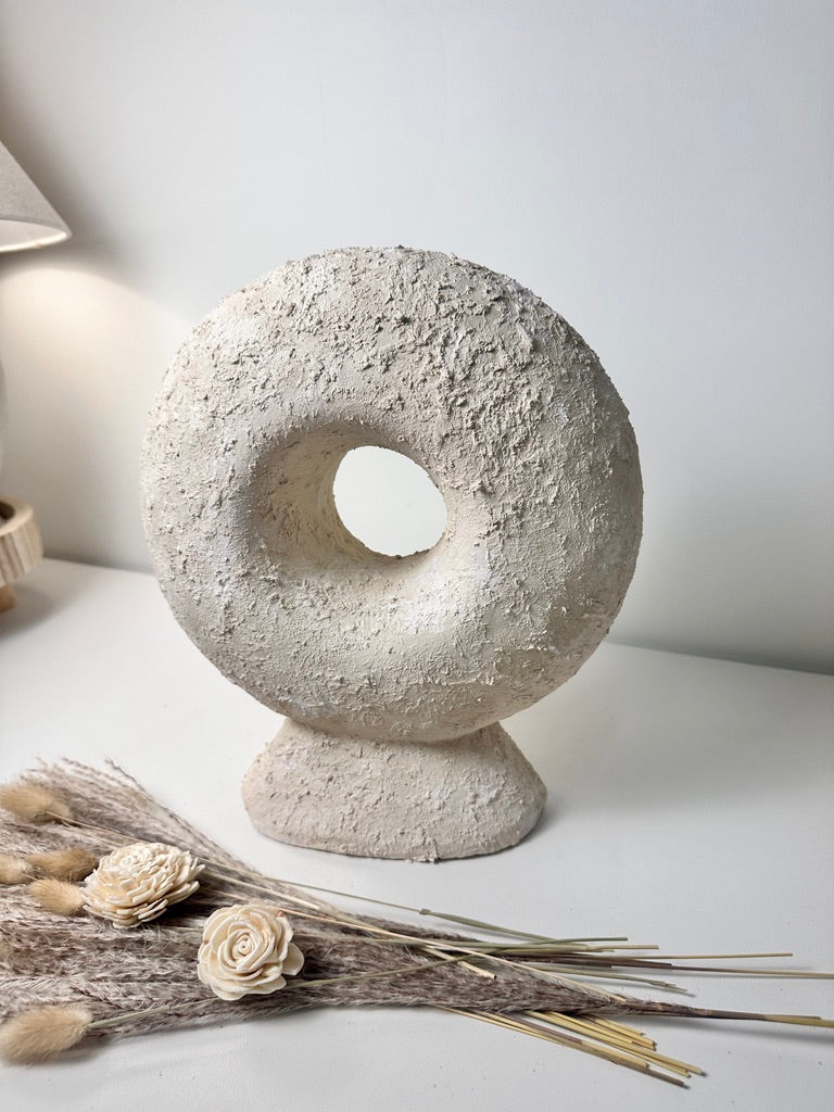 Abstract Minimalist Sculpture Made of Organic Stone, White Donut-Shaped Textured 13" - Cream