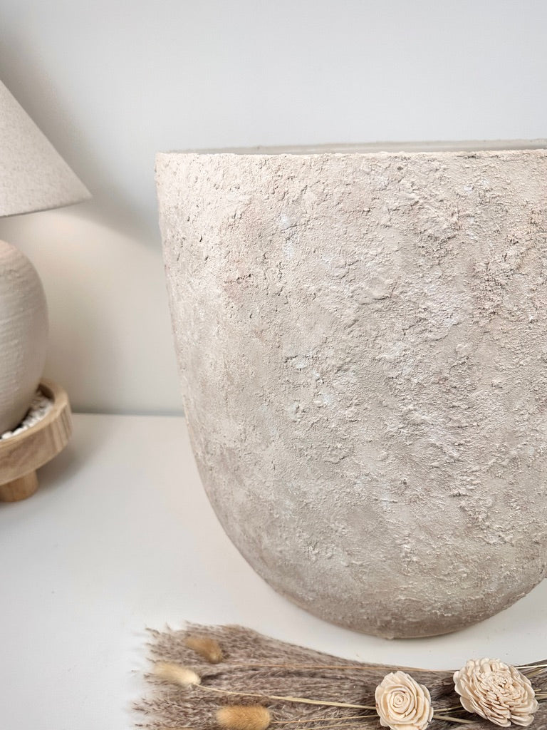 17" tall Minimalist Hand-Painted & Textured Planter Pot with Drainage Hole one time creation - cream sand wash