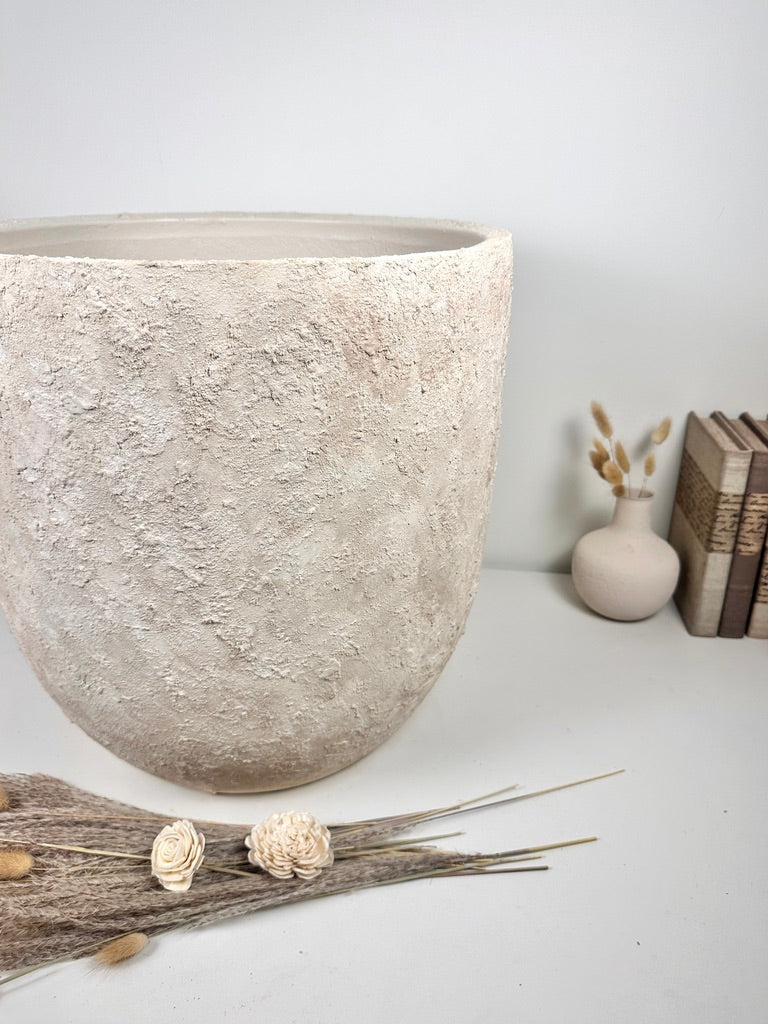17" tall Minimalist Hand-Painted & Textured Planter Pot with Drainage Hole one time creation - cream sand wash