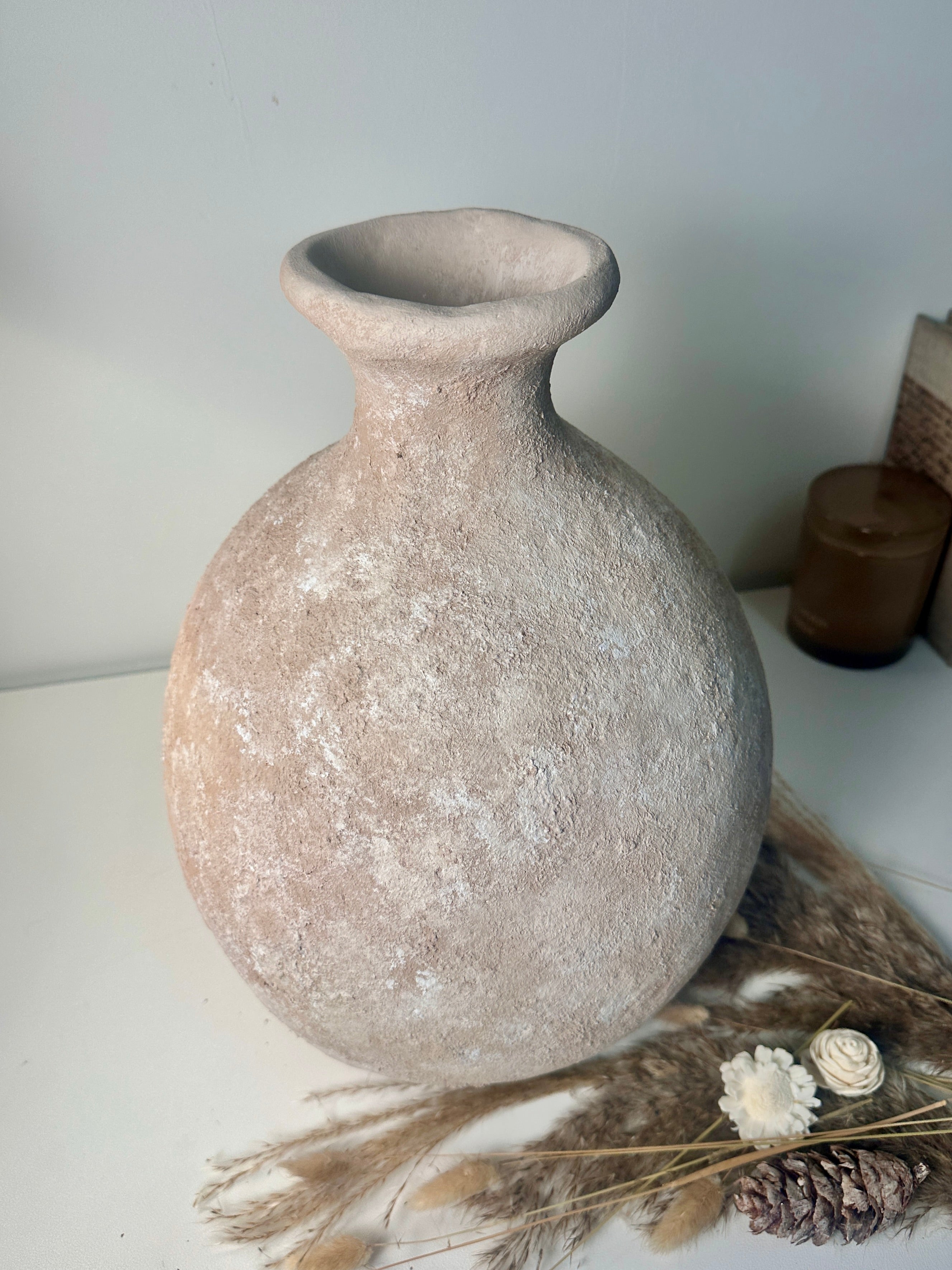 Minimalist Textured Hand-Painted Vase 15" tall - Light Beige Wash