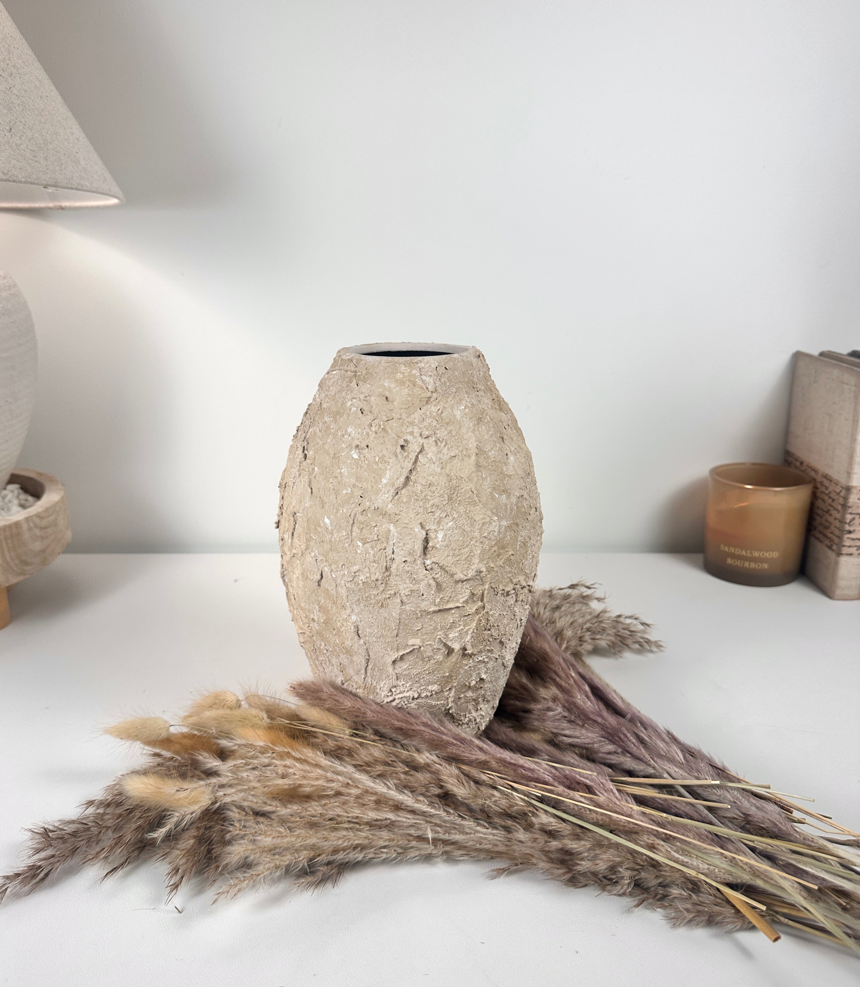Rustic Minimalist Textured Hand-painted 10.5" tall - Beige Tan washed