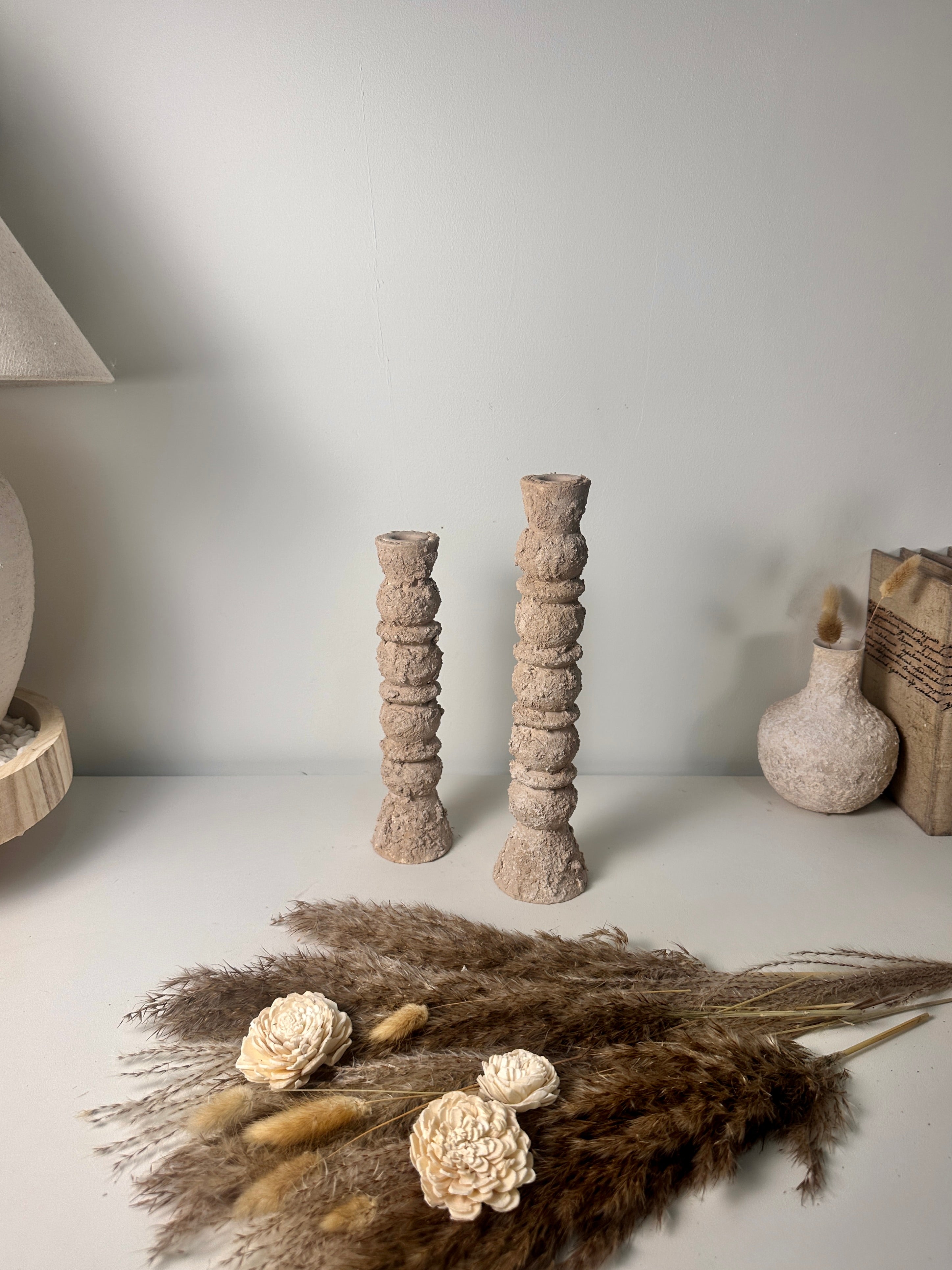 Set of 2 candlestick holders hand-painted and textured minimalist rustic style 12" tall and 10" tall - Tan Beige