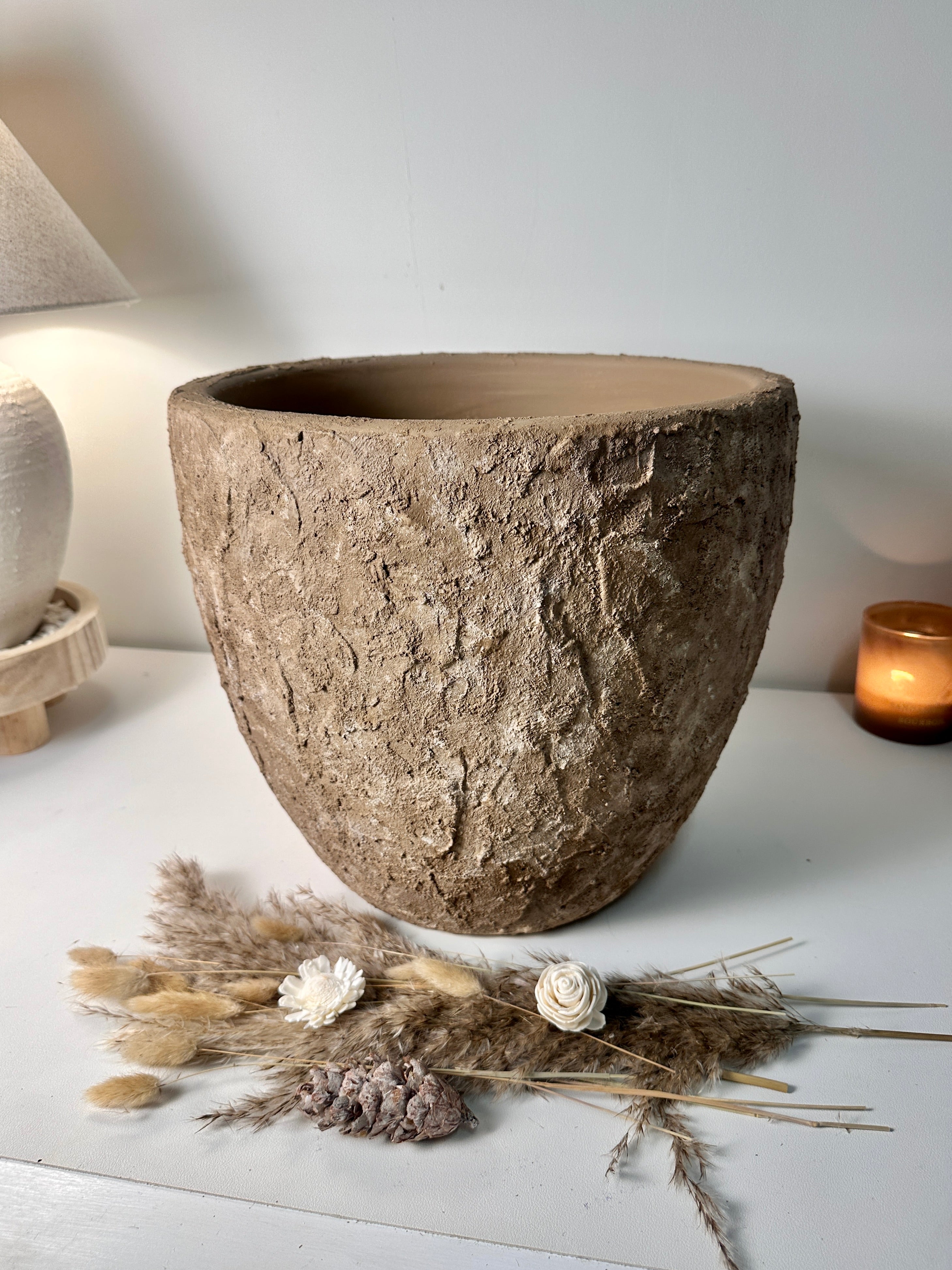 Rustic Hand-Painted & Textured Planter Pot 13" tall with drainage hole one time creation - Earth Brown on Brown