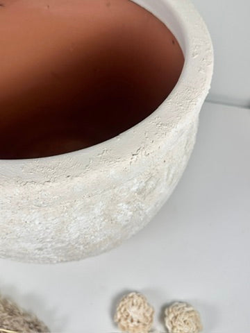 Minimalist Hand-Painted & Textured Planter Pot 12" tall with drainage hole one time creation - Cream wash