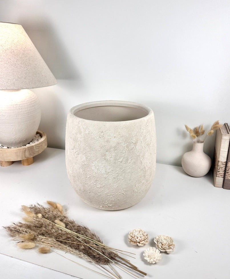 Minimalist Hand-Painted & Textured Planter Pot 12.5" tall with drainage hole one time creation - Cream Linen wash