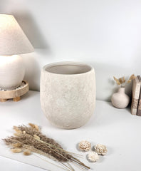Minimalist Hand-Painted & Textured Planter Pot 12.5" tall with drainage hole one time creation - Cream Linen wash