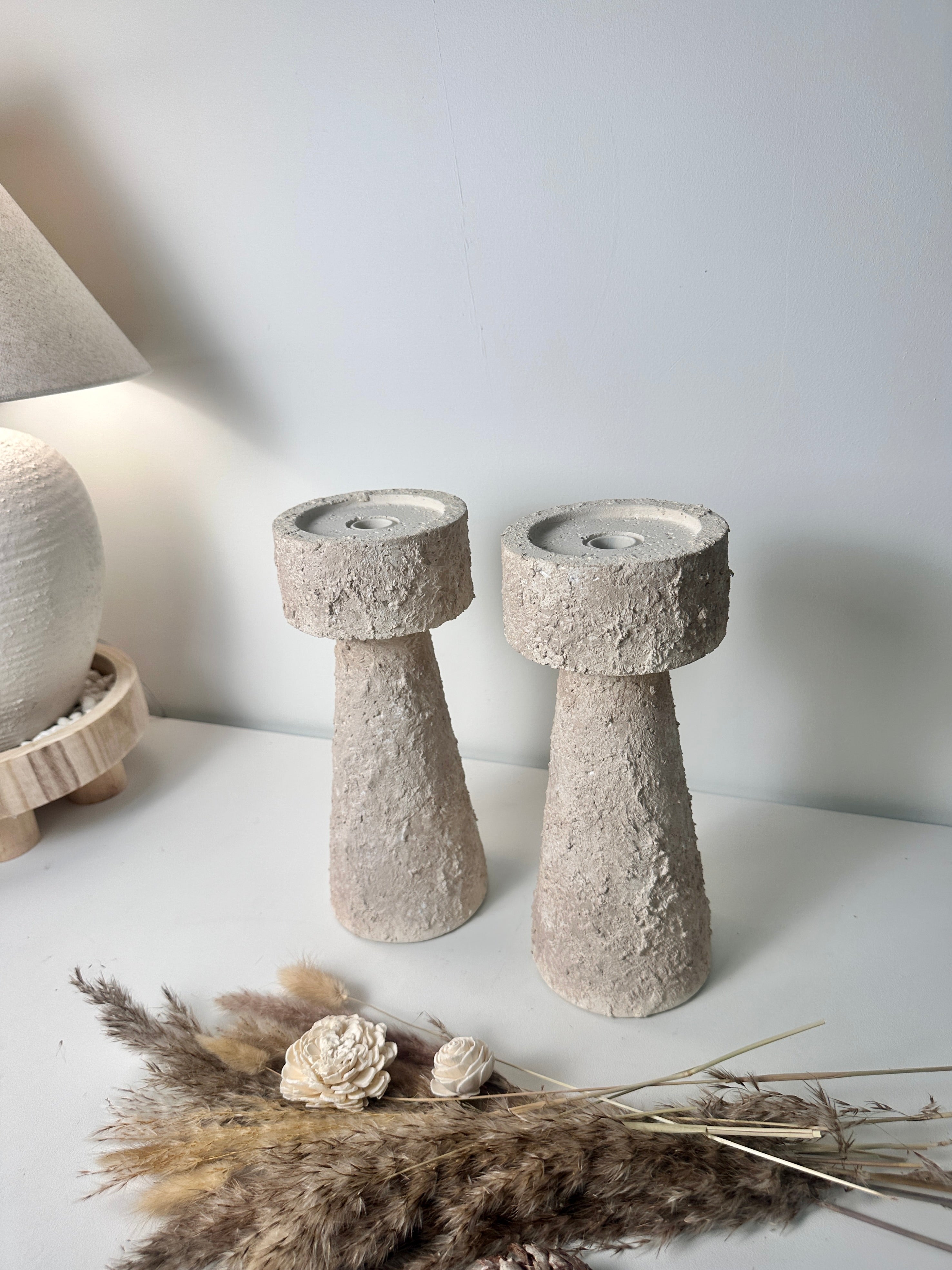Set of 2 candle holder tray and stick minimalist style 11" tall - Cream wash