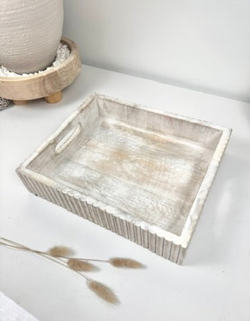 Boho Handmade Serving Wooden Tray Whitewash Finish with Stripes 12x10x2.5”