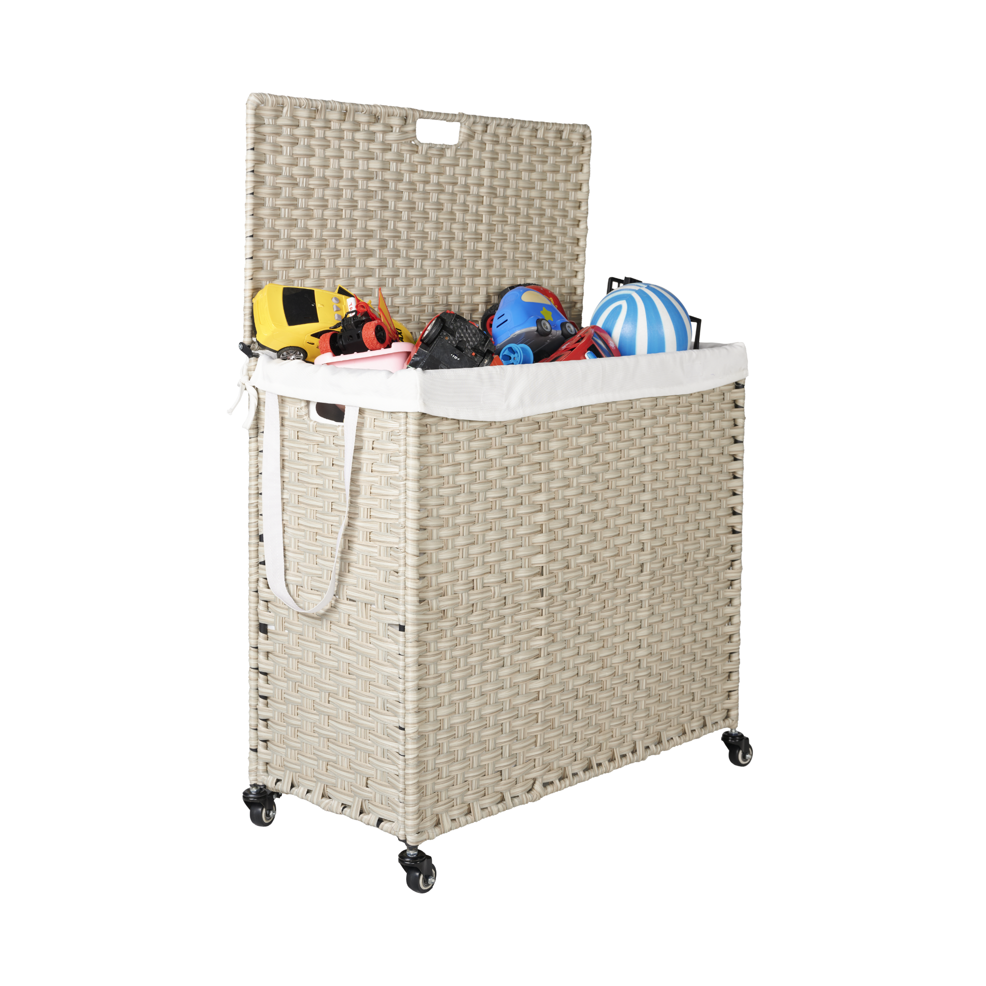 Laundry Hamper With Lid PE Rattan Powder Coating Frame Clothes Hampers with 2 Removable Bags, Wheels, 160L, Light Grey