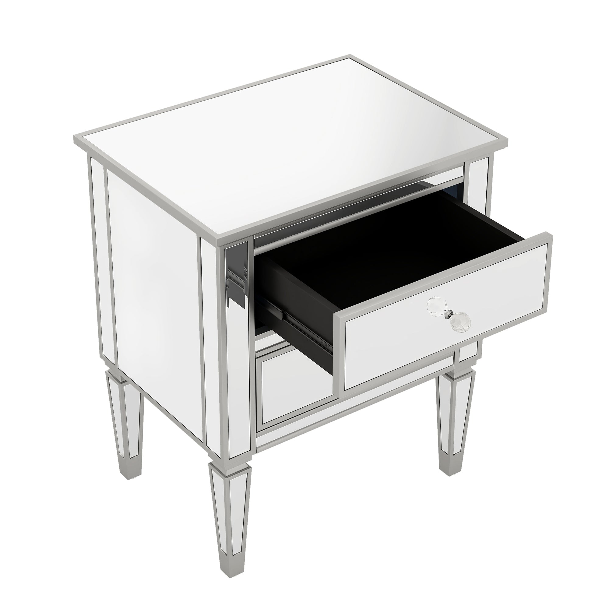 Elegant Mirrored Side Table with 2 Drawers, Modern Silver Finished