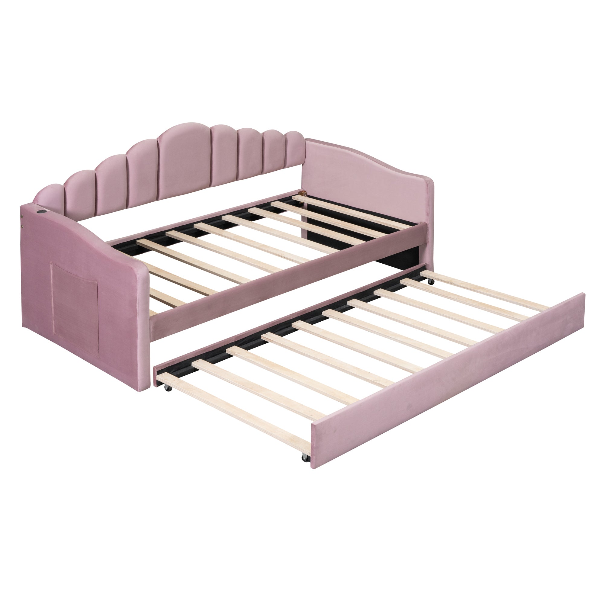 Twin size Upholstered Daybed with Trundle ,Velvet Sofabed with USB Charging Ports, No Box-spring Needed - Pink