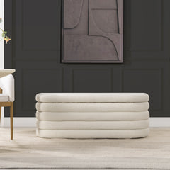49' Upholstered Oval Storage Bench, Ivory White Boucle