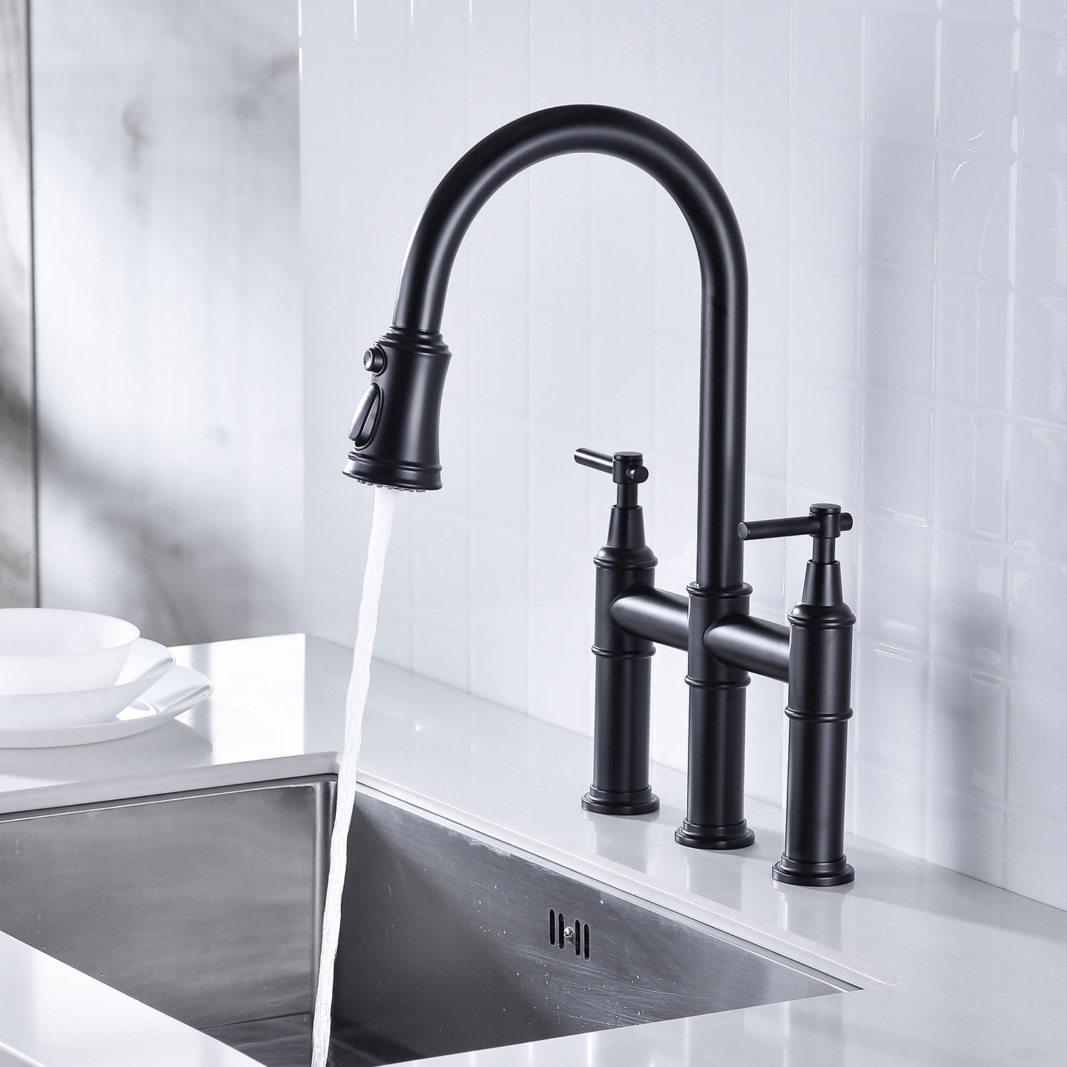 Bridge Kitchen Faucet with Pull-Down Sprayhead in Spot - Matte Black