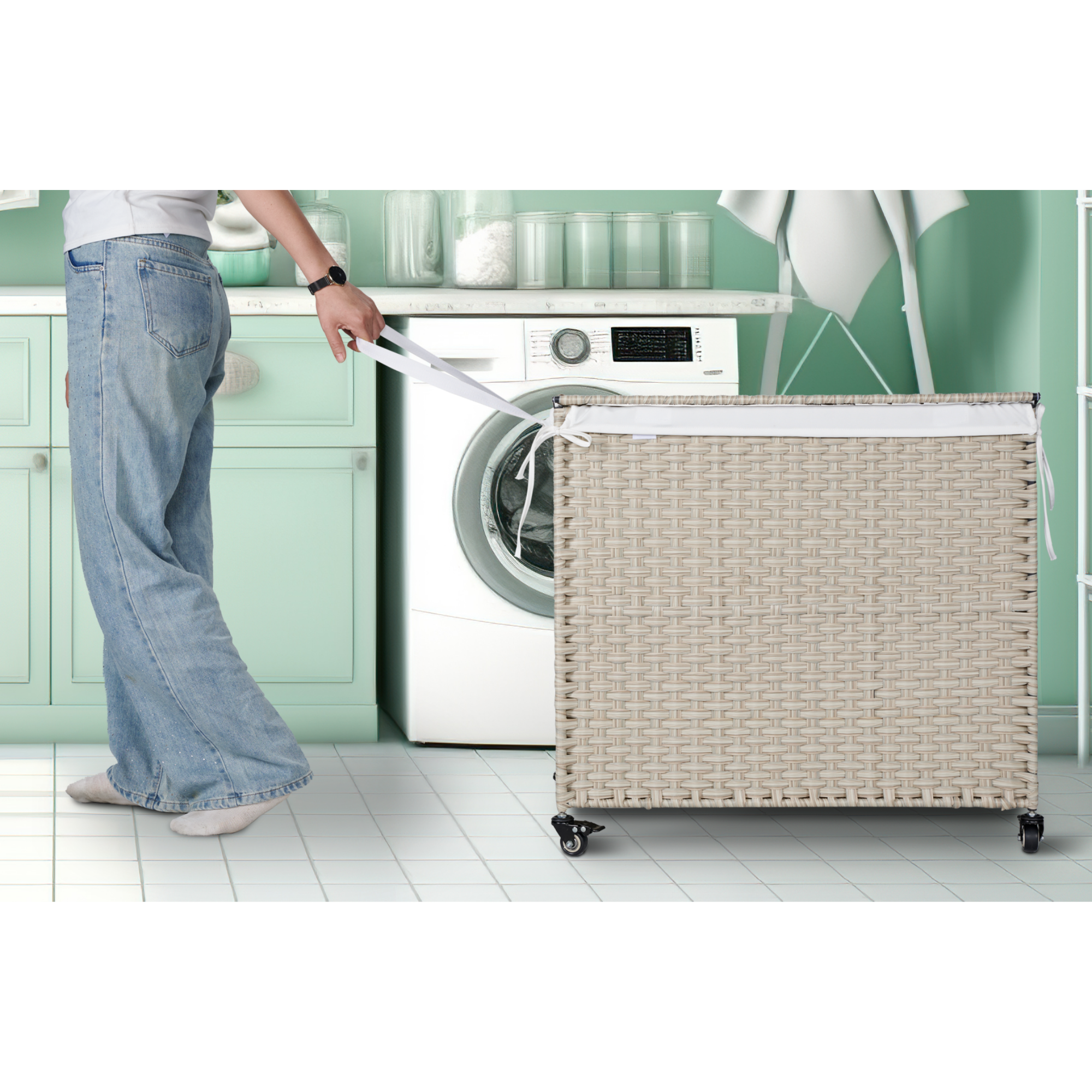 Laundry Hamper With Lid PE Rattan Powder Coating Frame Clothes Hampers with 2 Removable Bags, Wheels, 160L, Light Grey