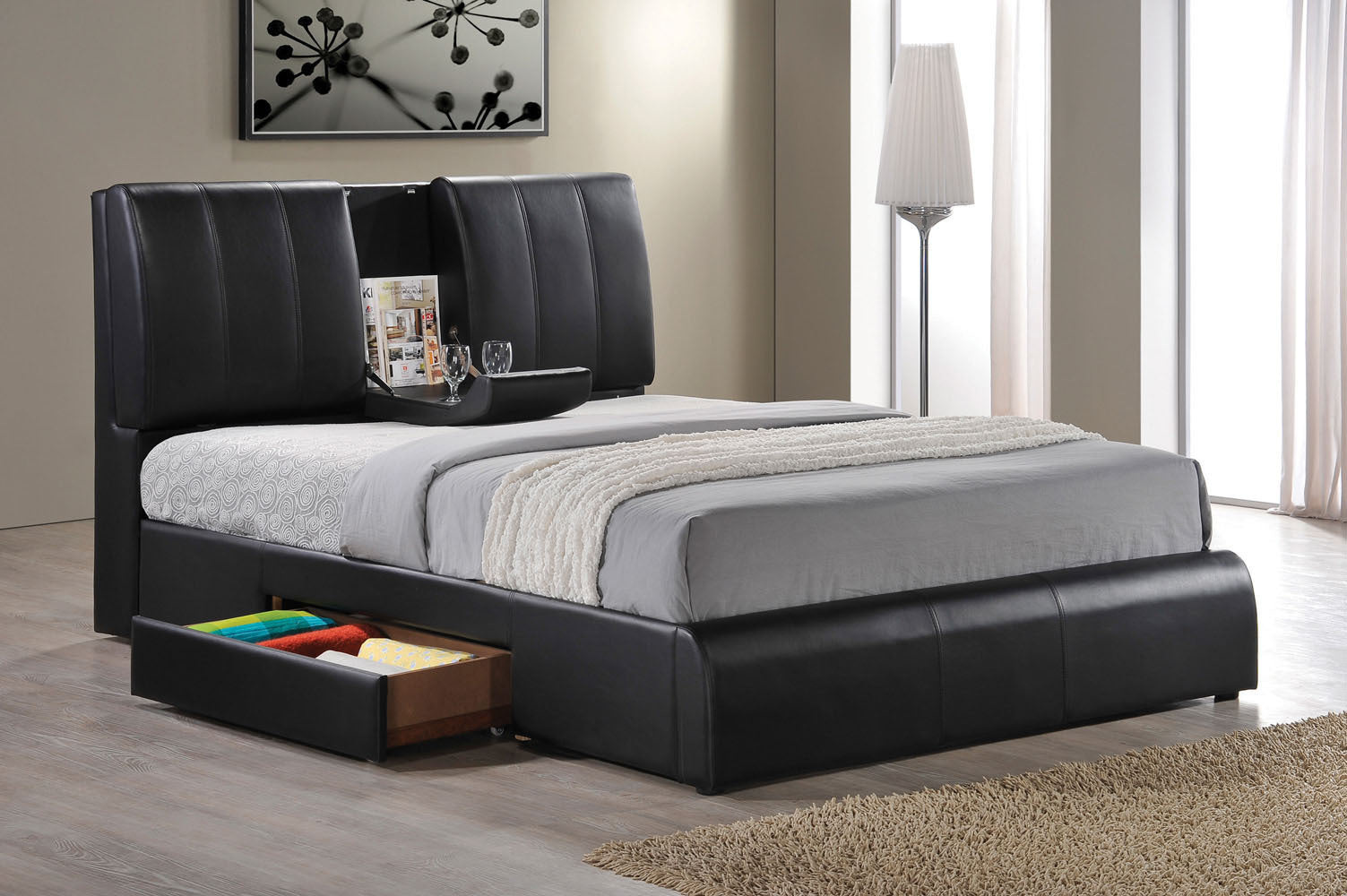 Modern Eastern King Bed - Black PU