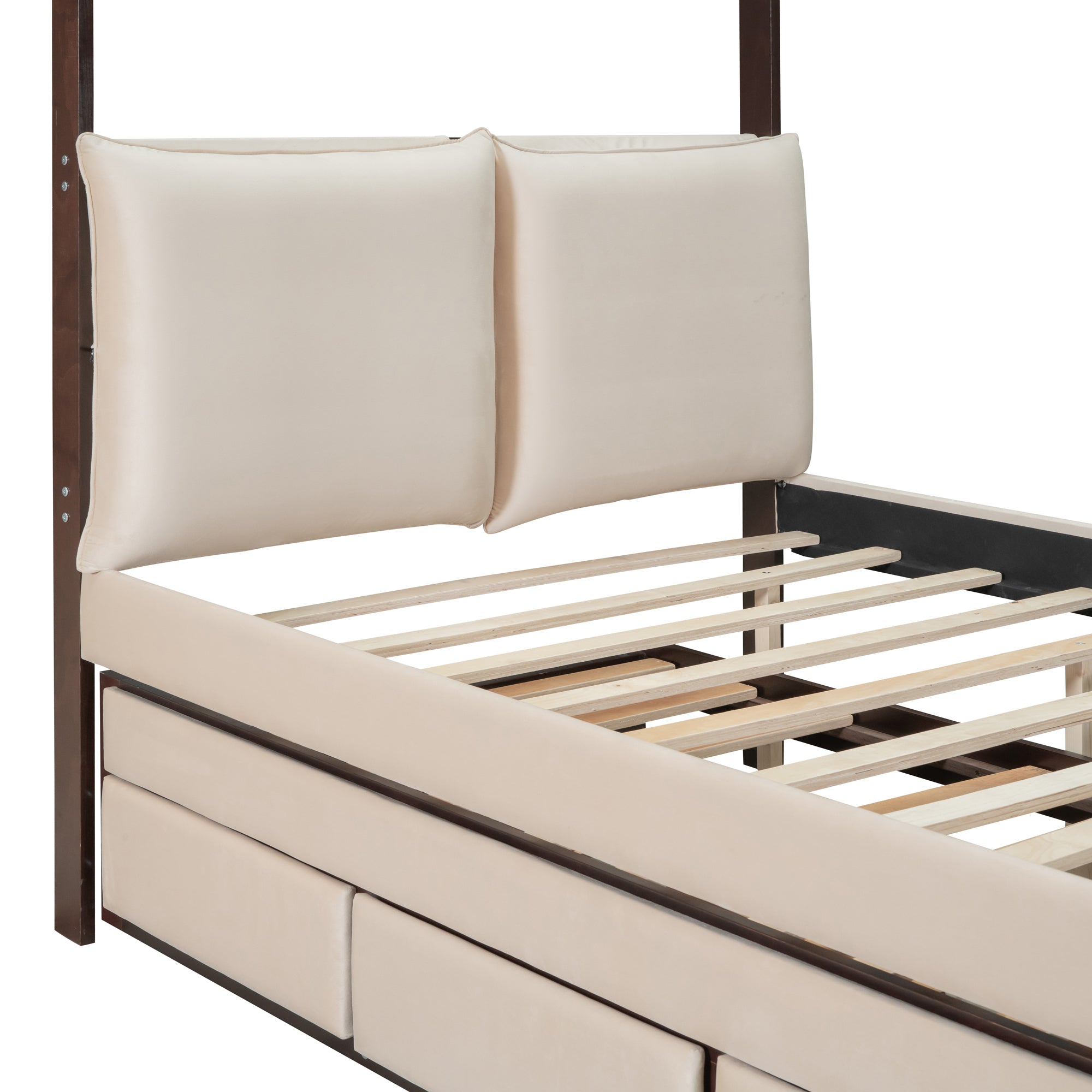 Full Size Upholstered  Canopy Bed with Trundle and 3 Drawers - Beige